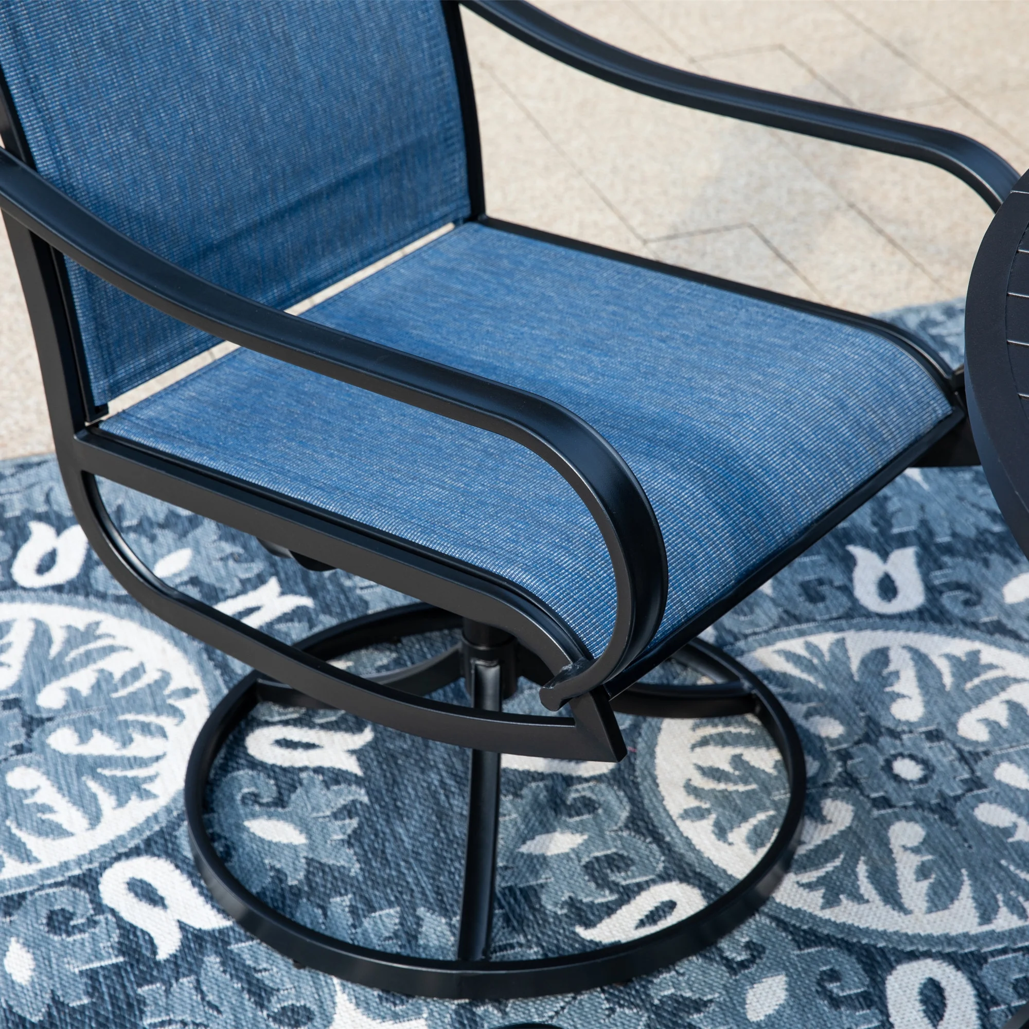 MF Studio Set of 2 Outdoor Patio Swivel Dining Chairs with Breathable Textilene Seat, Black & Blue - MadeInUSA