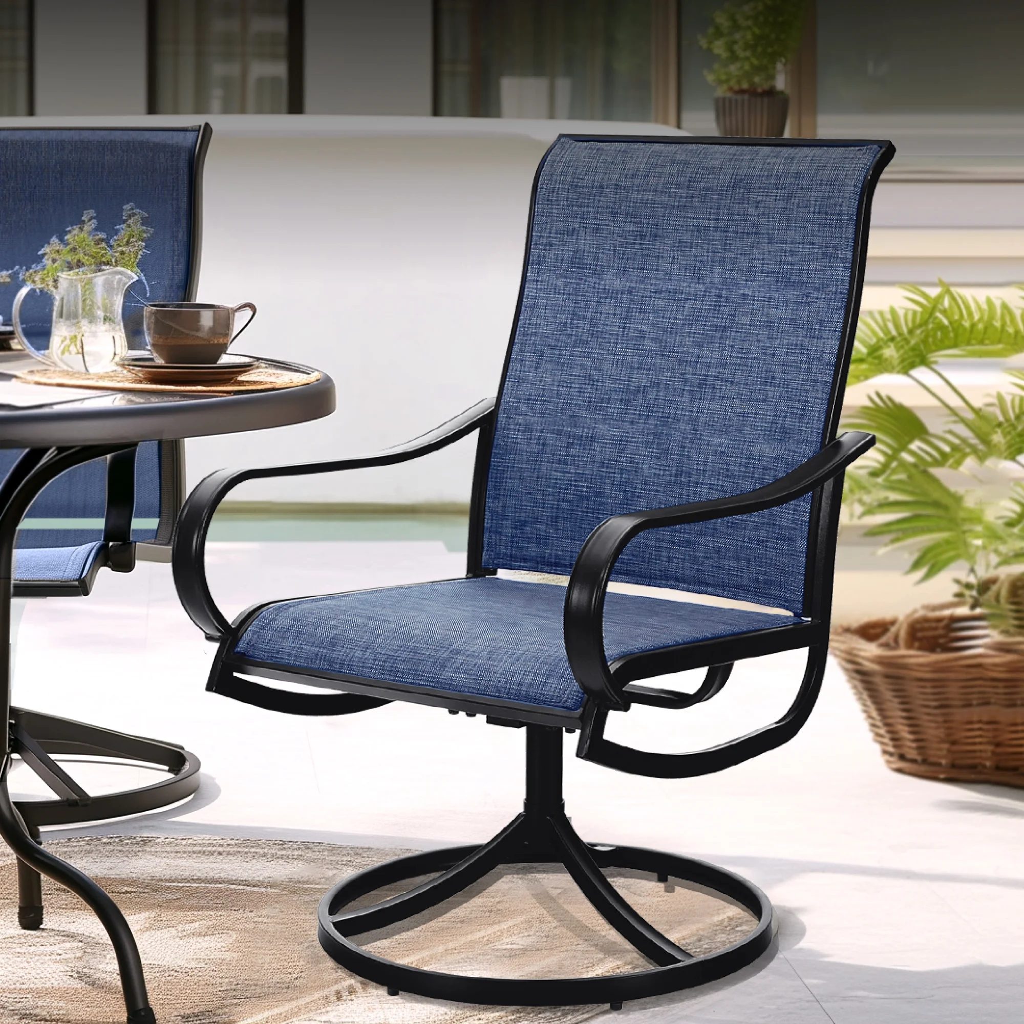 MF Studio Set of 2 Outdoor Patio Swivel Dining Chairs with Breathable Textilene Seat, Black & Blue - MadeInUSA