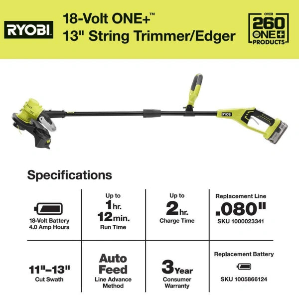 RYOBI P2080 ONE 18V 13 in. Cordless Battery String TrimmerEdger with 4.0 Ah Battery and Charger - MadeInUSA