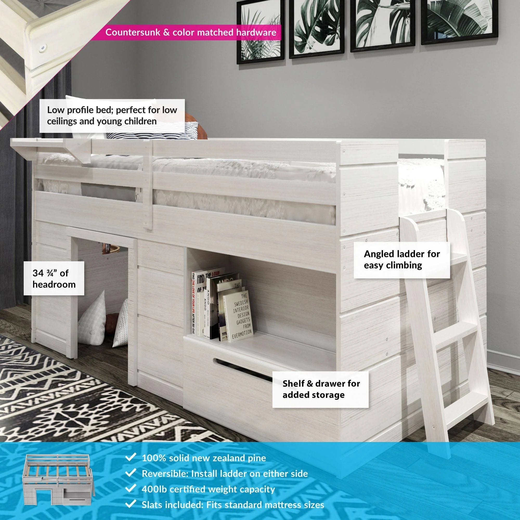 Max & Lily Modern Farmhouse Low Loft Bed, Twin Bed Frame for Kids with 1 Drawer, White Wash - MadeInUSA