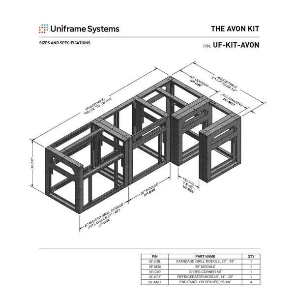 Uniframe Systems The Avon Fully Adjustable and Modular Outdoor Kitchen Grill Island Framing Kit in Galvanized Steel - MadeInUSA