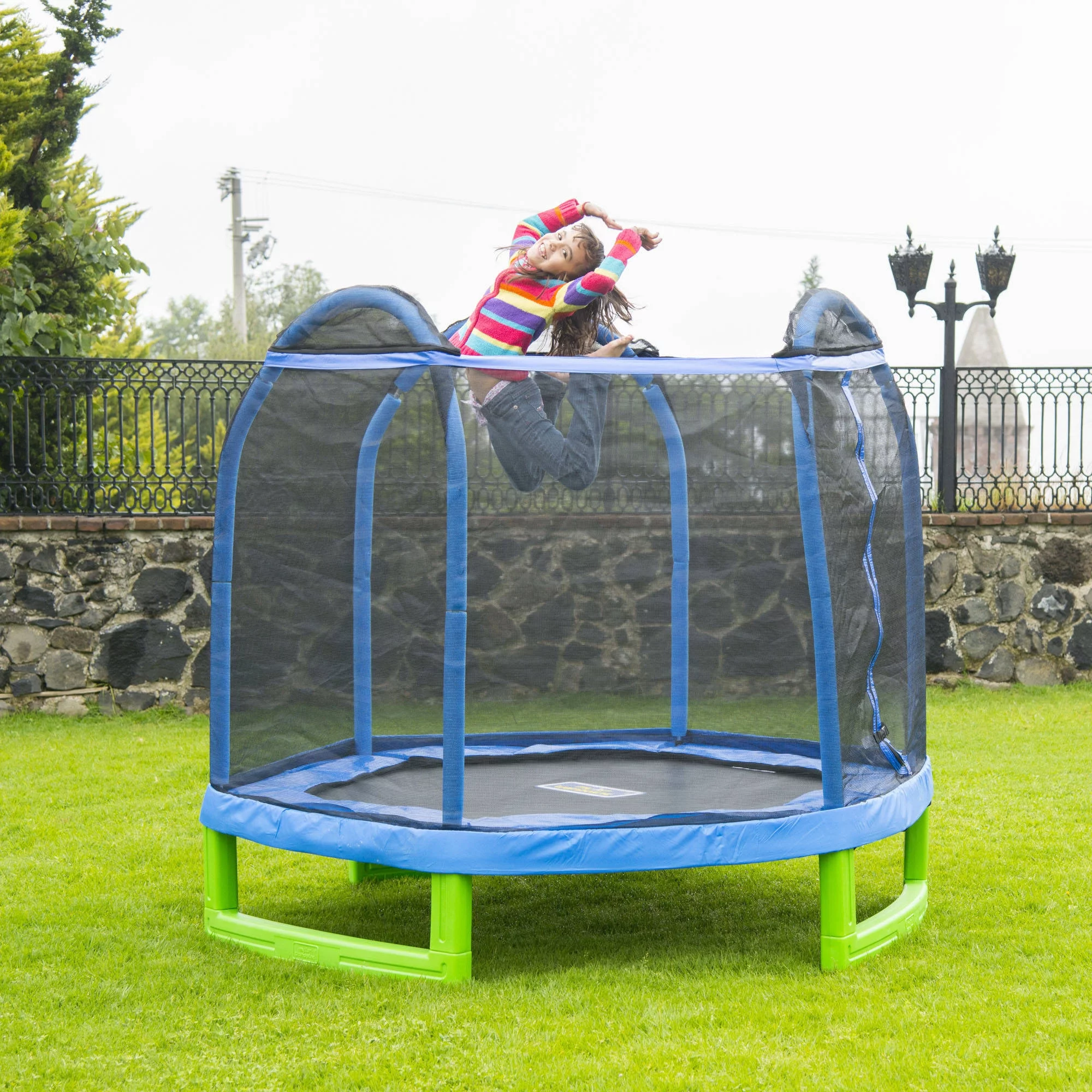 Bounce Pro 7-Foot My First Trampoline Hexagon (Ages 3-10) for Kids, Blue/Green - MadeInUSA