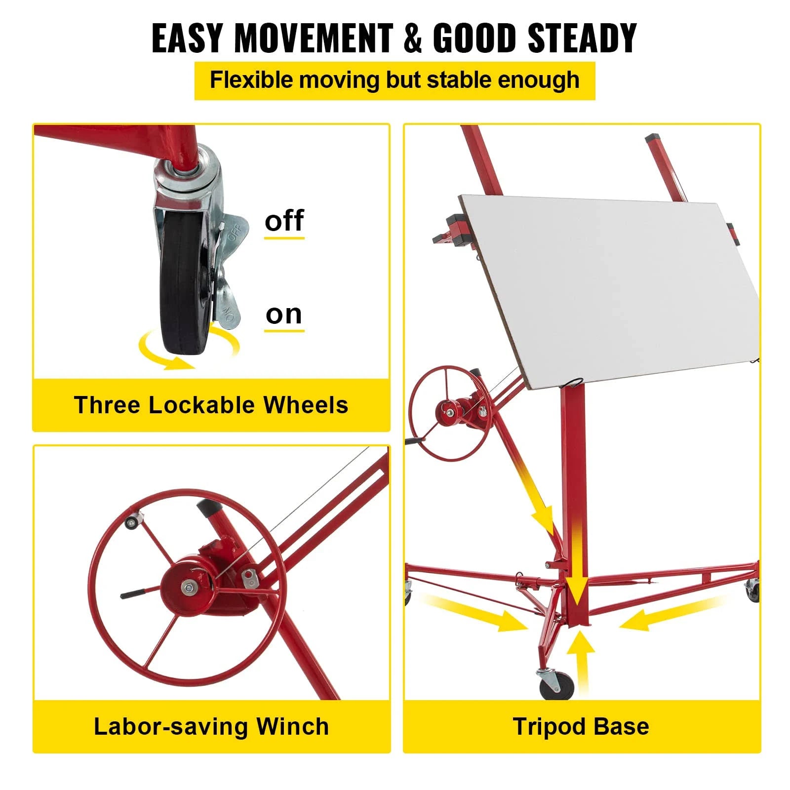 VEVOR Drywall Rolling Lifter Panel 11ft Sheetrock Lift Drywall Lift 150lb Weight Capacity Panel Hoist Jack Tool Steel Material SGBSJJHSB11FTXATNV0 - MadeInUSA
