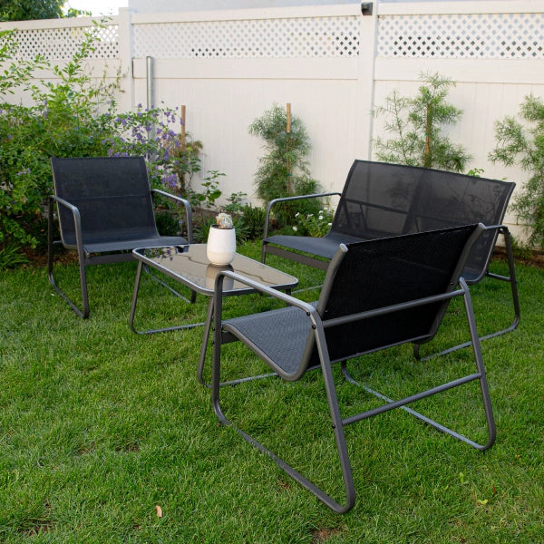 Barton 4 Pieces Outdoor Patio Furniture Lounger Chair Set w Glass Table, Black - MadeInUSA