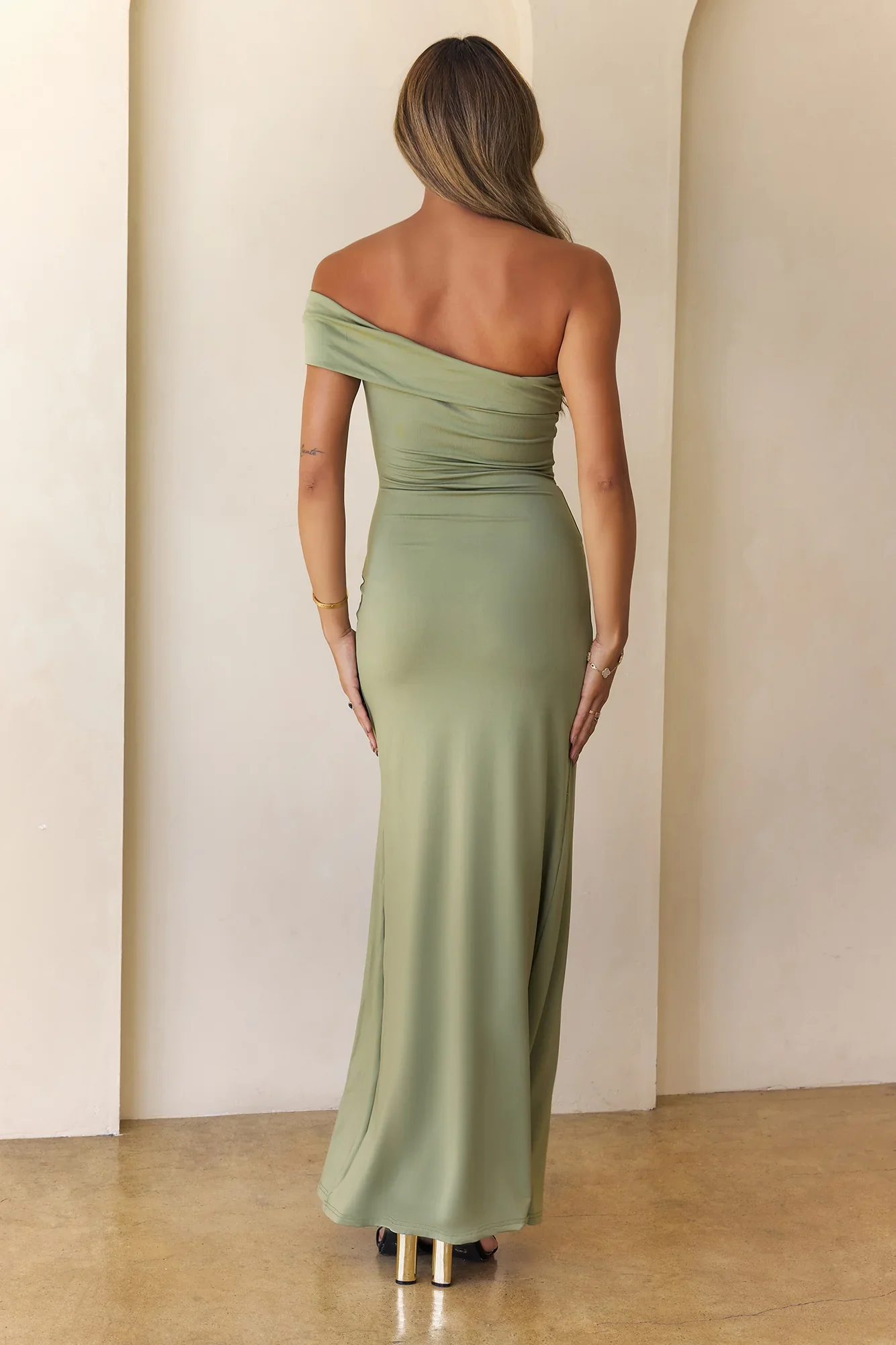 Lavish Luxe Off Shoulder Maxi Dress Olive