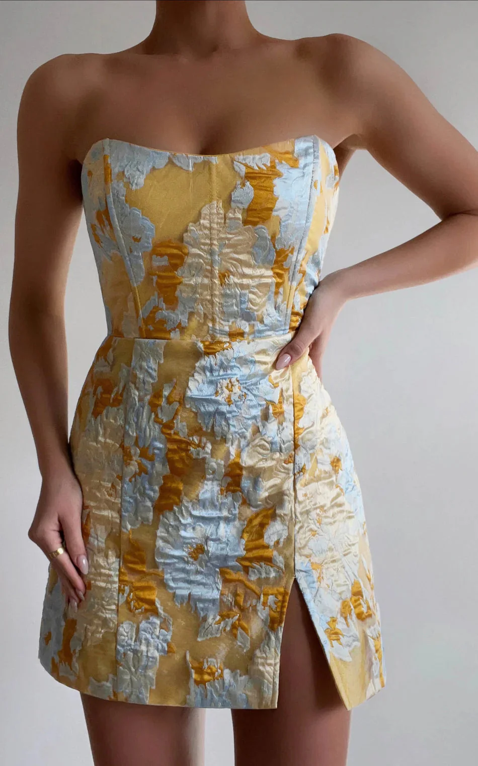 Brailey Mini Dress Strapless Dress in Blue Jacquard