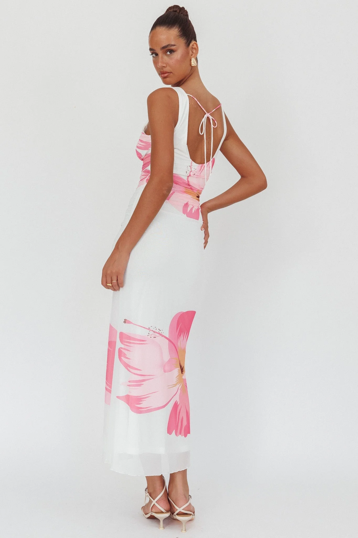 Oliana V-Neck Mesh Maxi Dress Hibiscus White/Pink