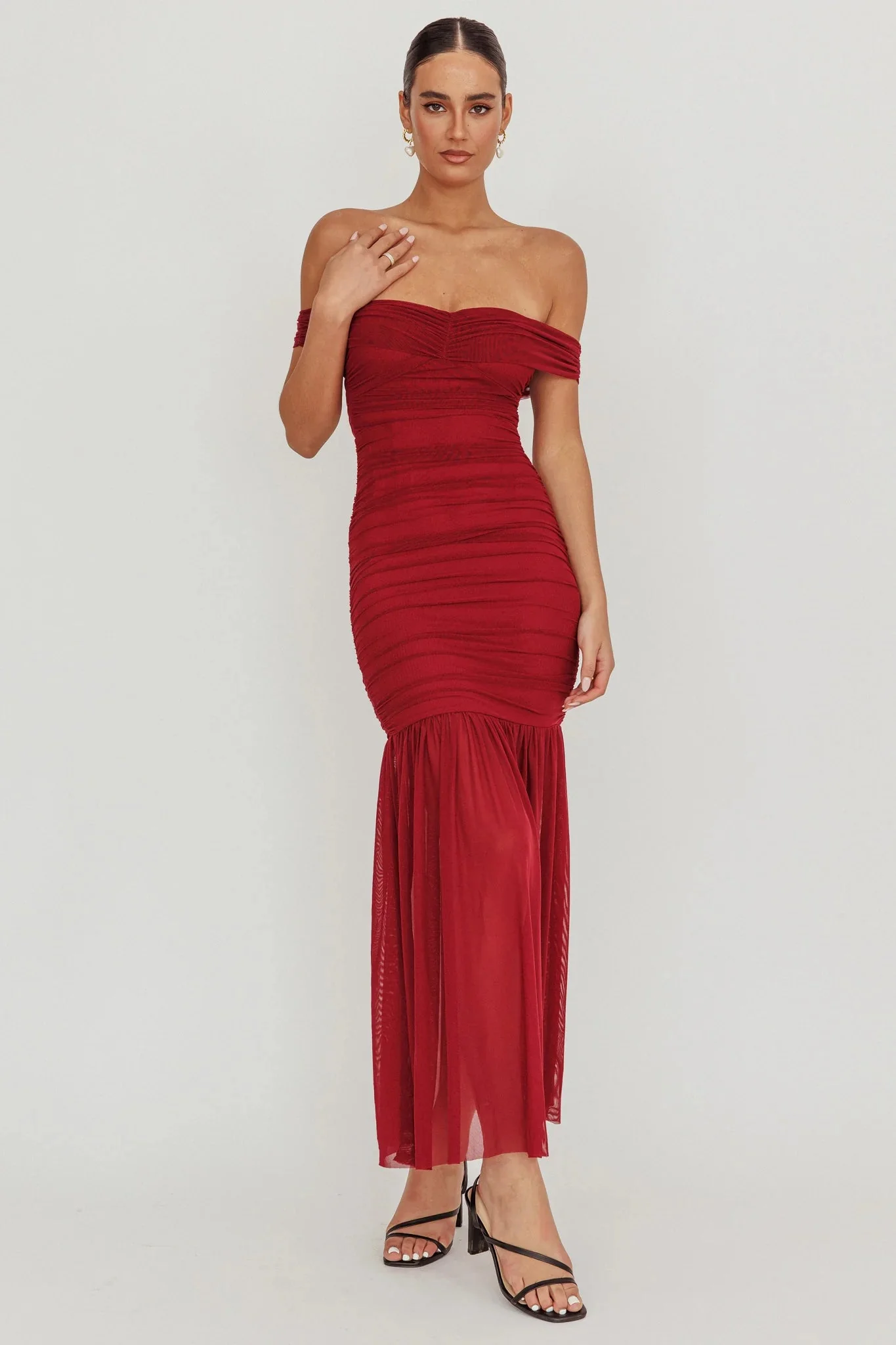 La Salle Off Shoulder Mesh Maxi Dress Wine
