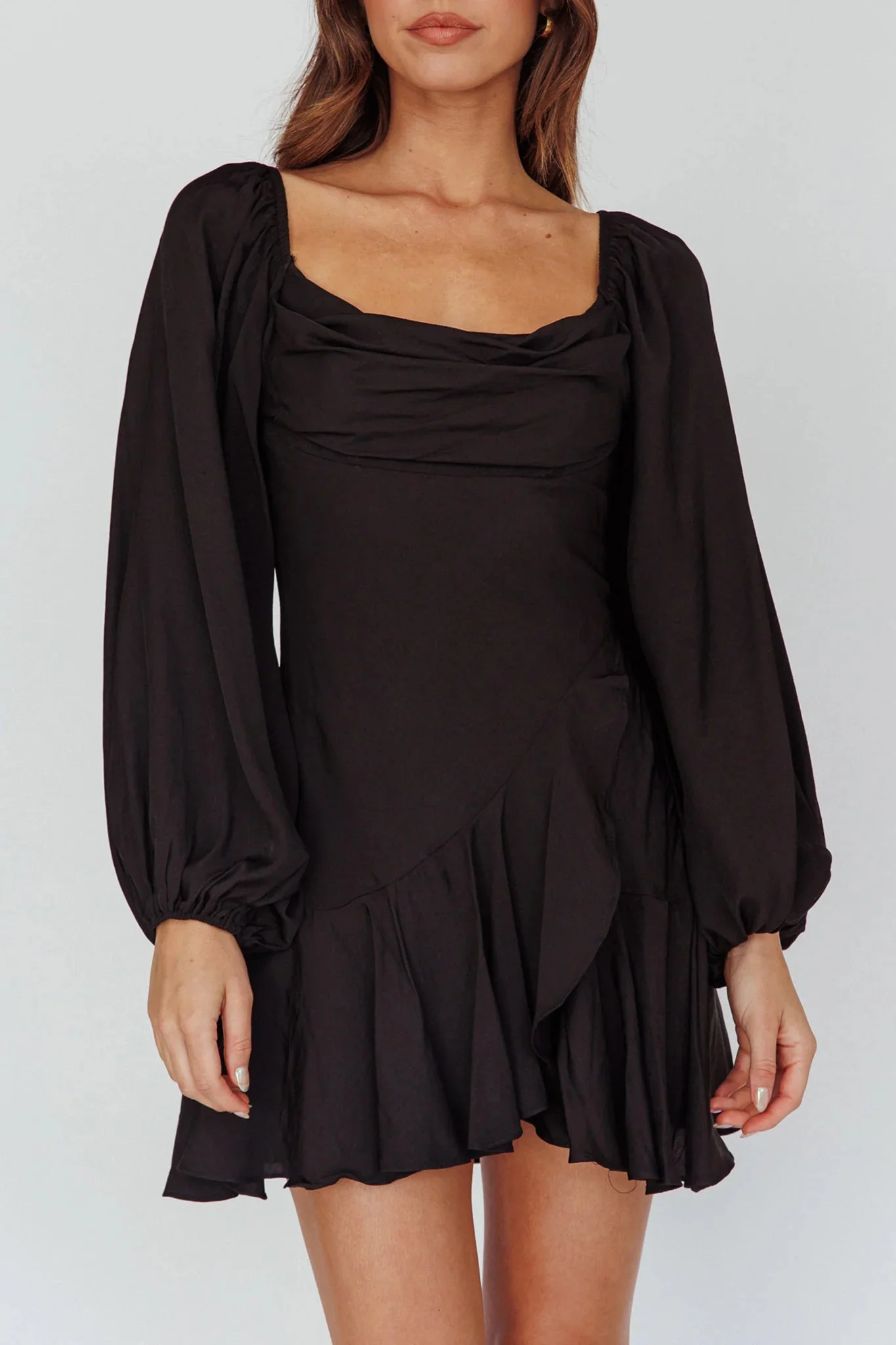 Beaujolais Long Sleeve Cowl Neckline Ruffle Satin Mini Dress Black