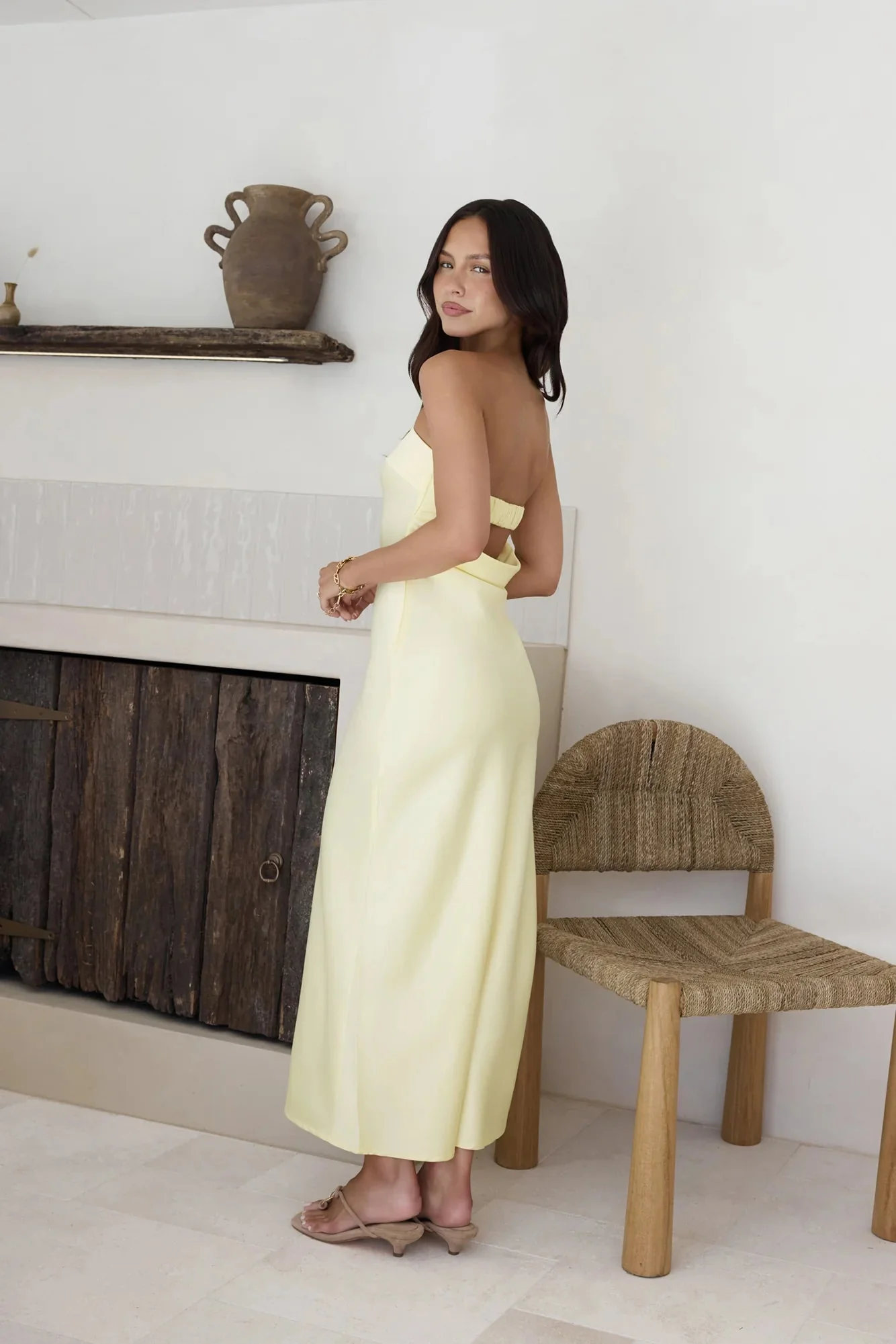 Aloha Strapless Satin Maxi Dress Yellow