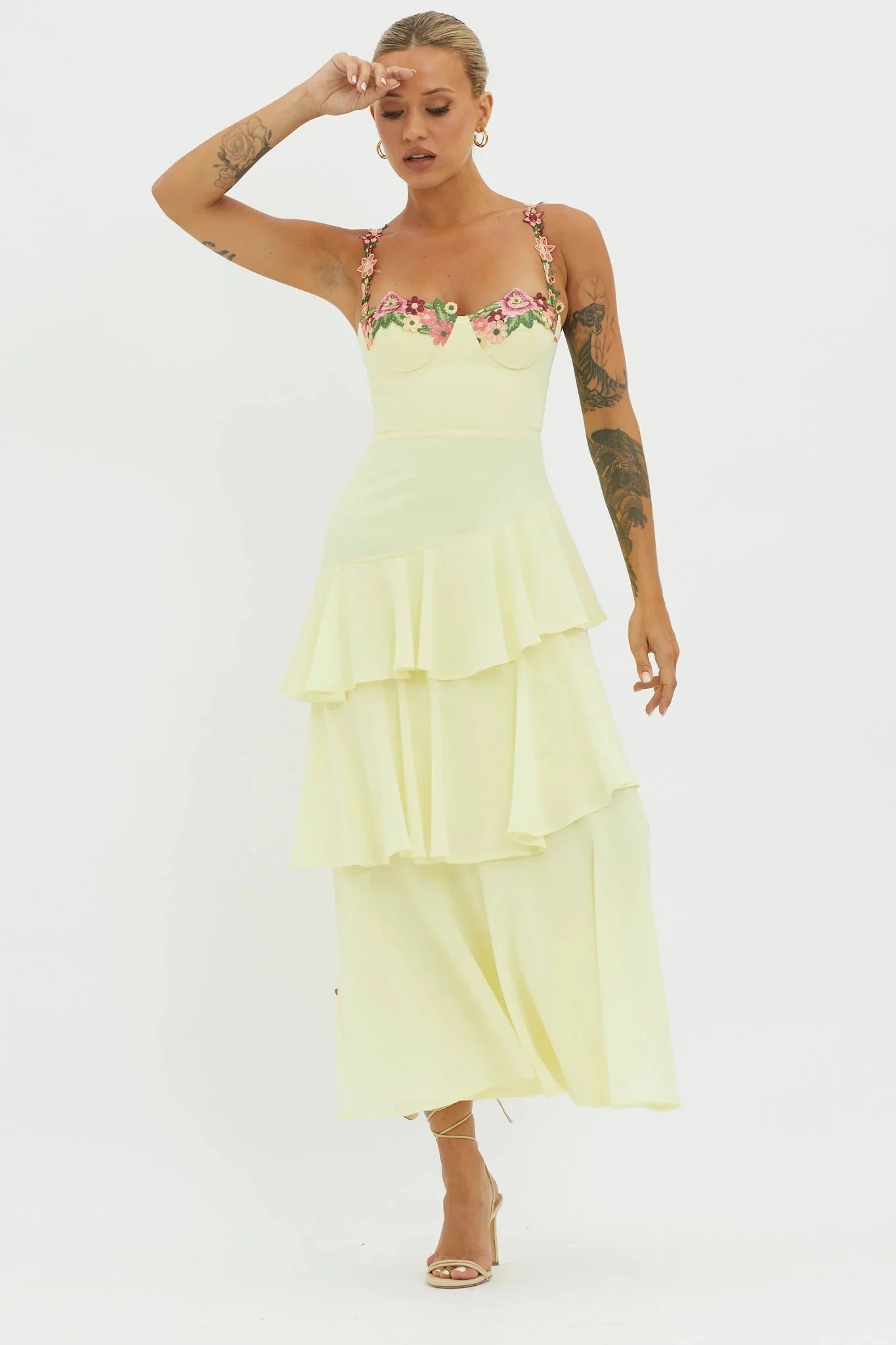 Rose Garden Tiered Ruffle Floral Trim Dress Lemon