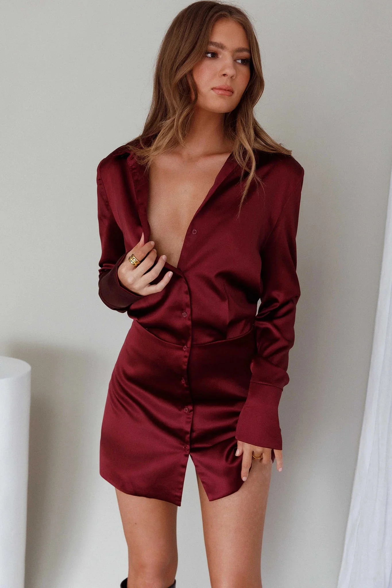Lisbeth Collared Shirt Dress Burgundy