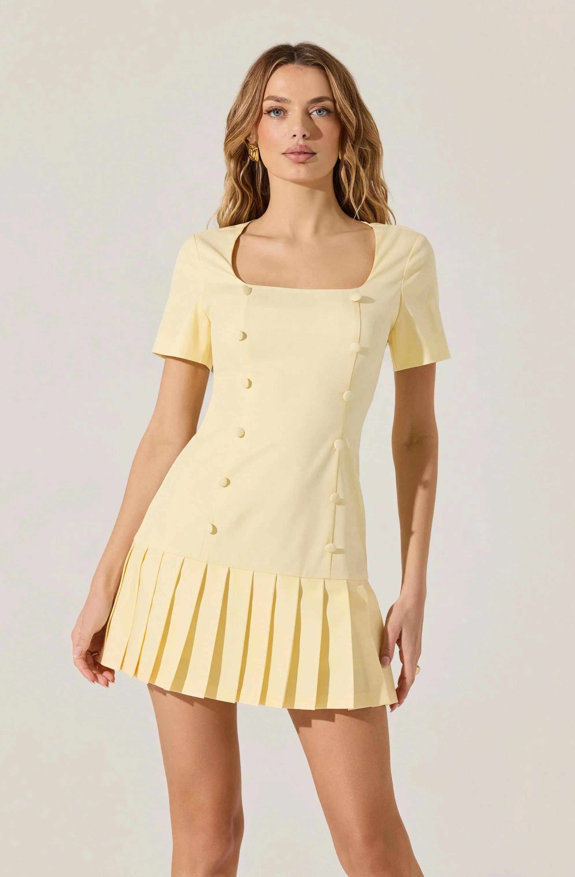 Pleated Button Mini Dress