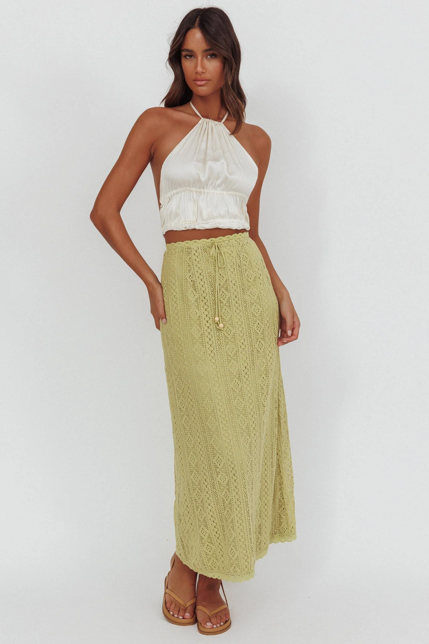 Days Away Crochet Lace Maxi Skirt Moss