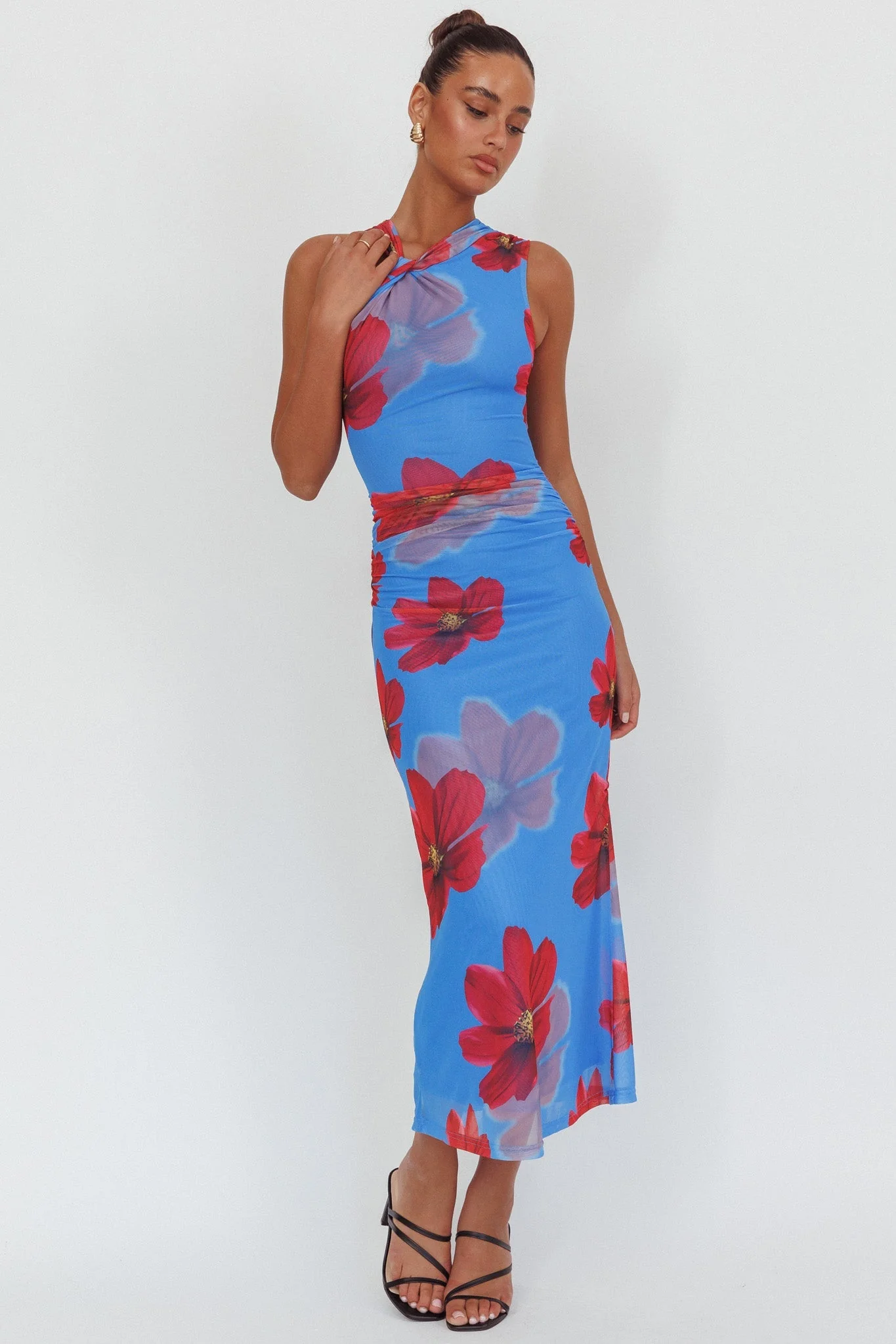 On Air Twist Neck Maxi Dress Floral Blue