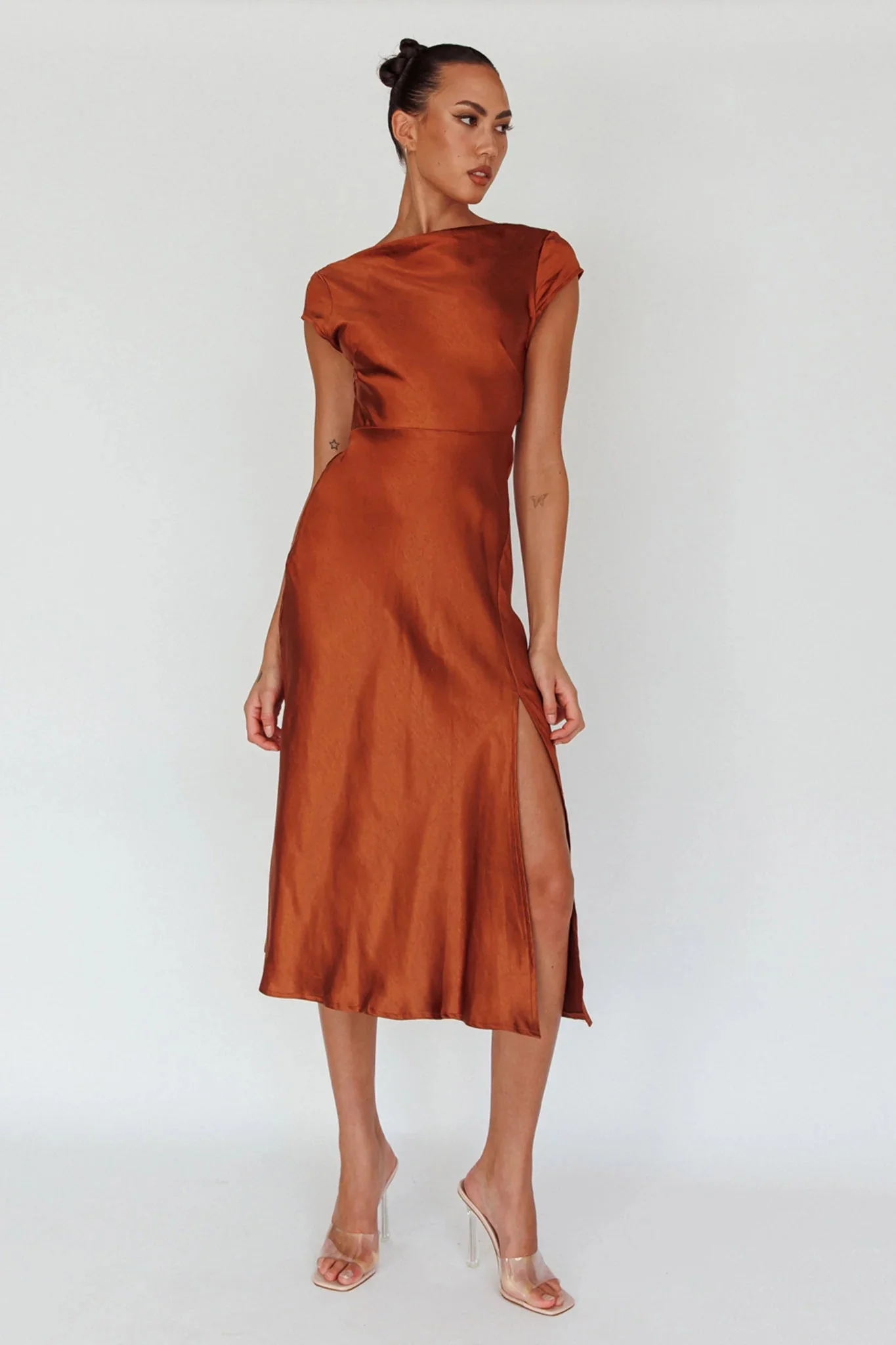 Lucinda Twist Back Midi Dress Brown