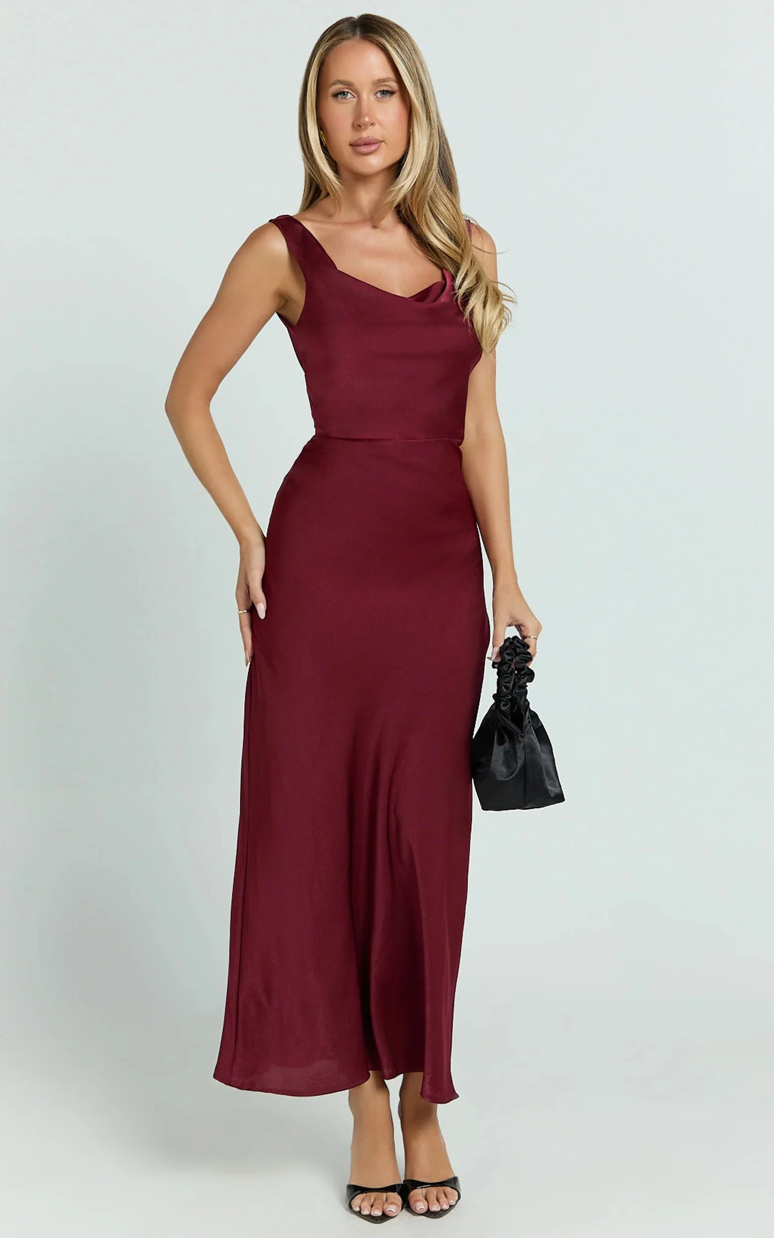 Dara Midi Dress Low Neck Sleeveless Slip Dress in Wine