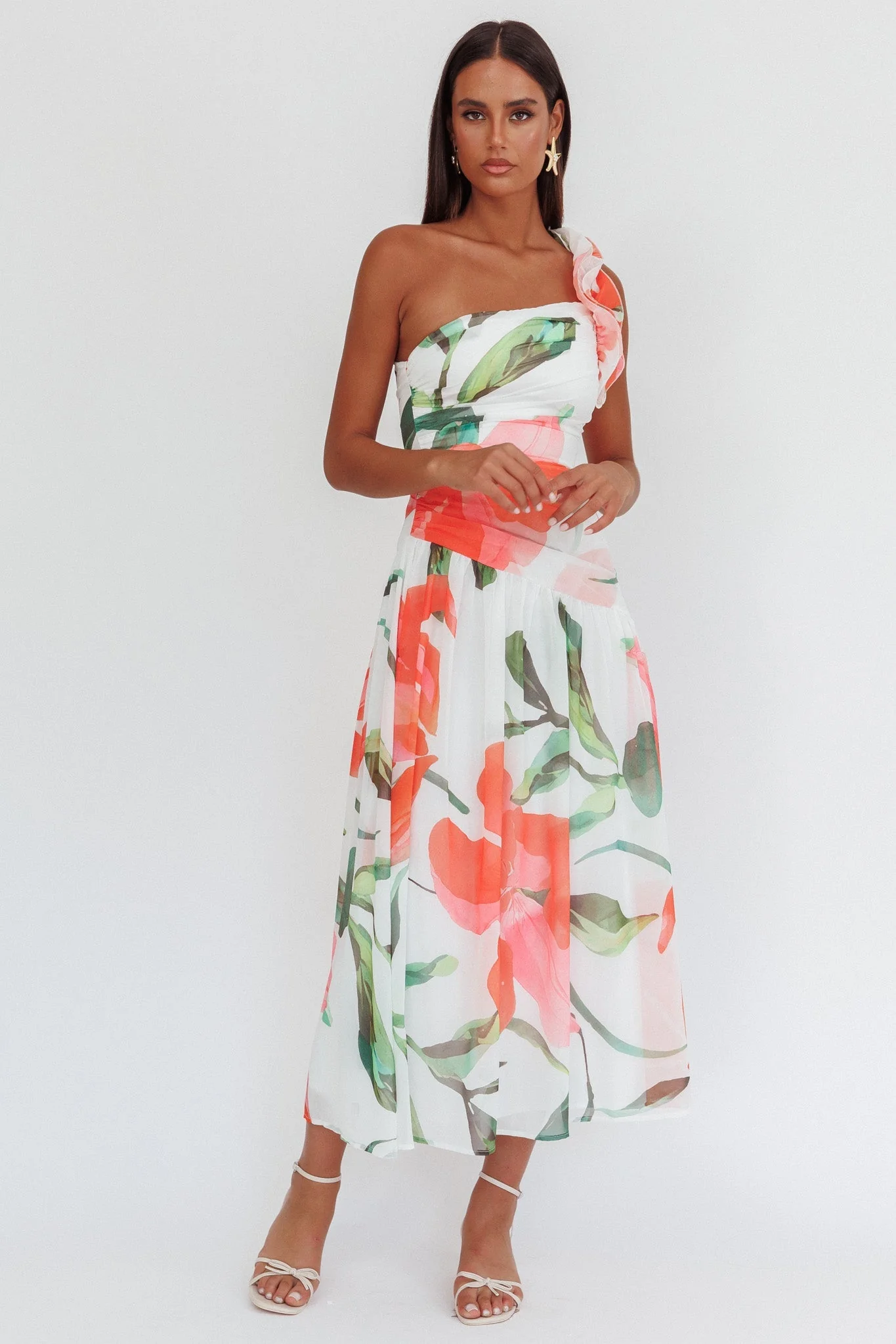 Kinley One-Shoulder Ruffle Maxi Dress Floral Red
