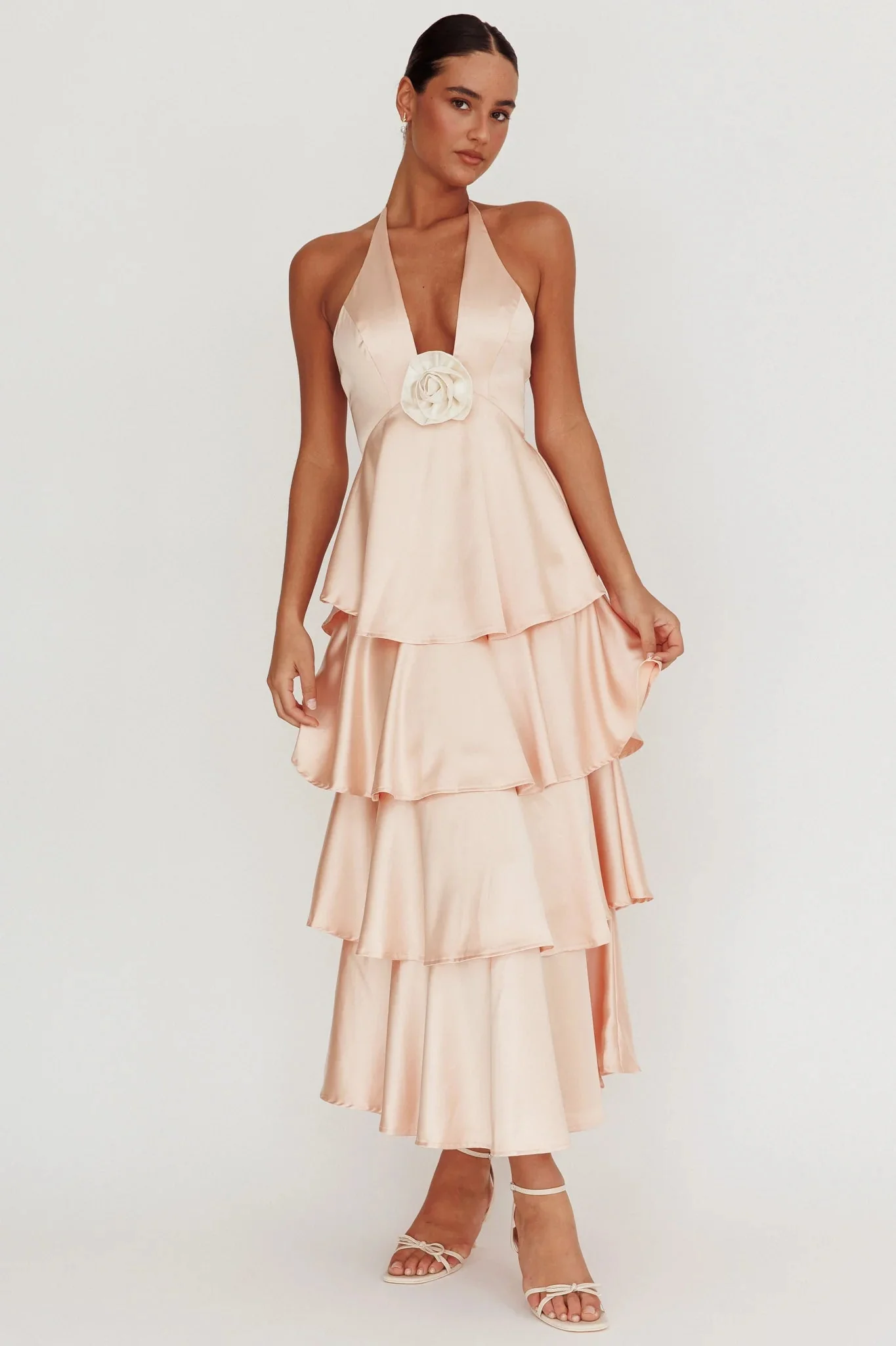 Catalina Tiered Ruffle Rosette Maxi Dress Peach