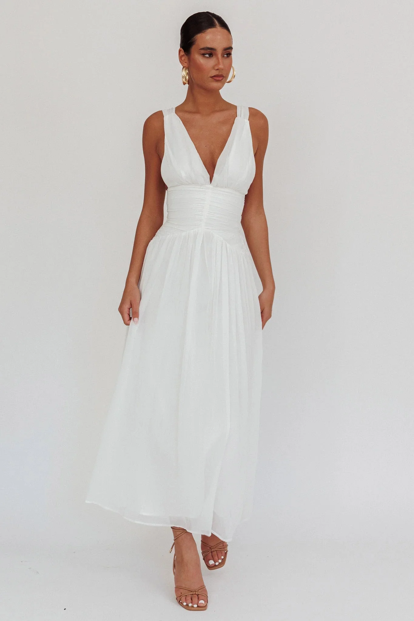 Sammi Ruched Waist Tied Back Maxi Dress White