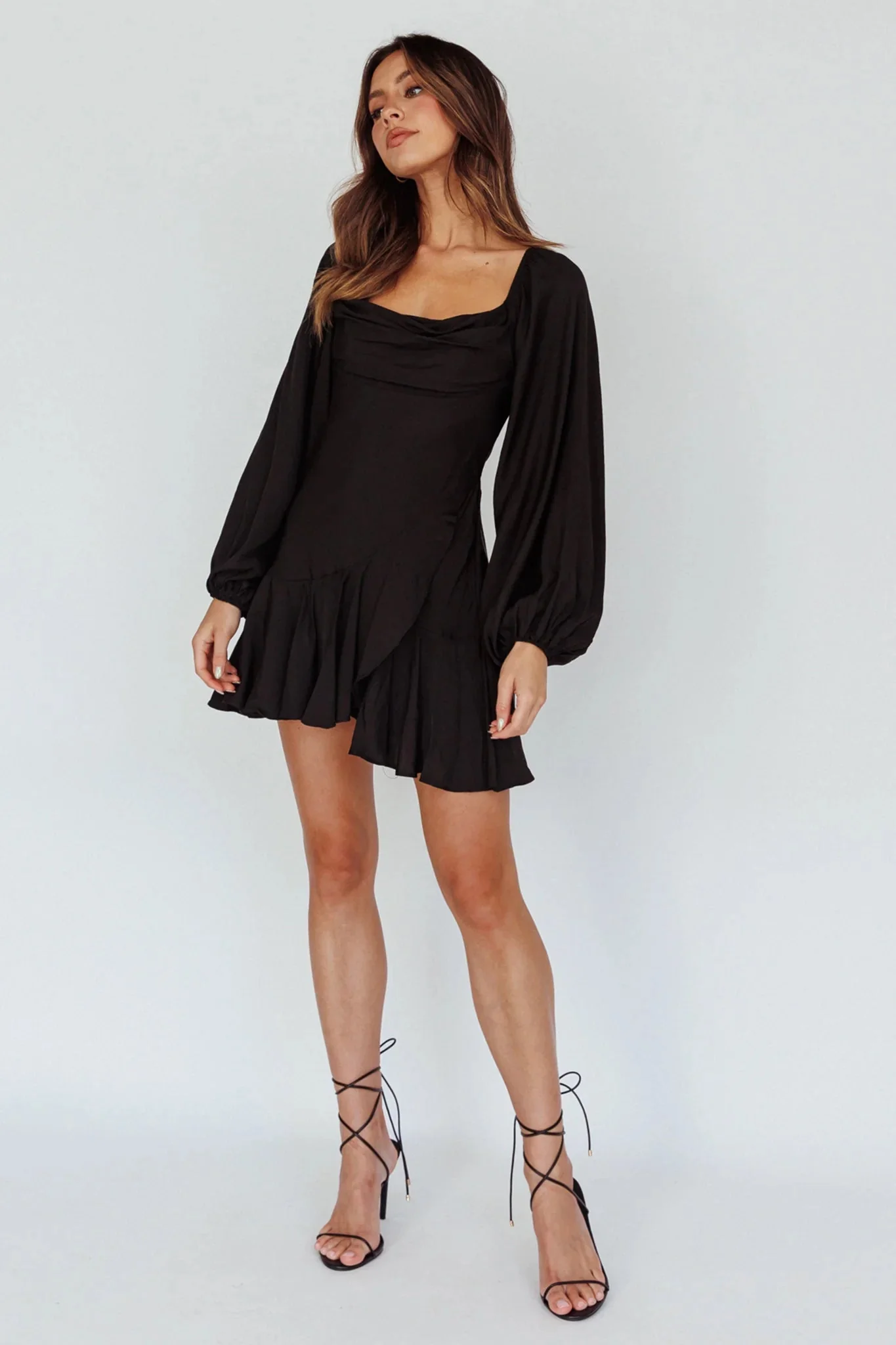 Beaujolais Long Sleeve Cowl Neckline Ruffle Satin Mini Dress Black