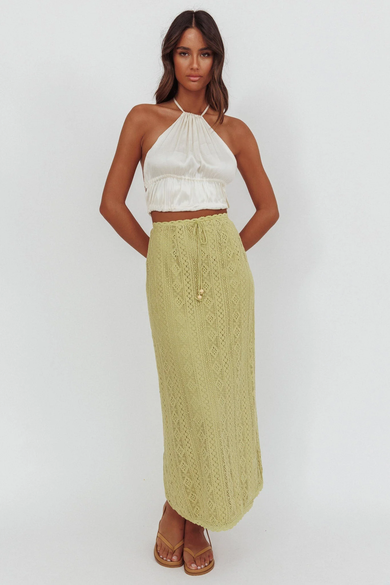 Days Away Crochet Lace Maxi Skirt Moss