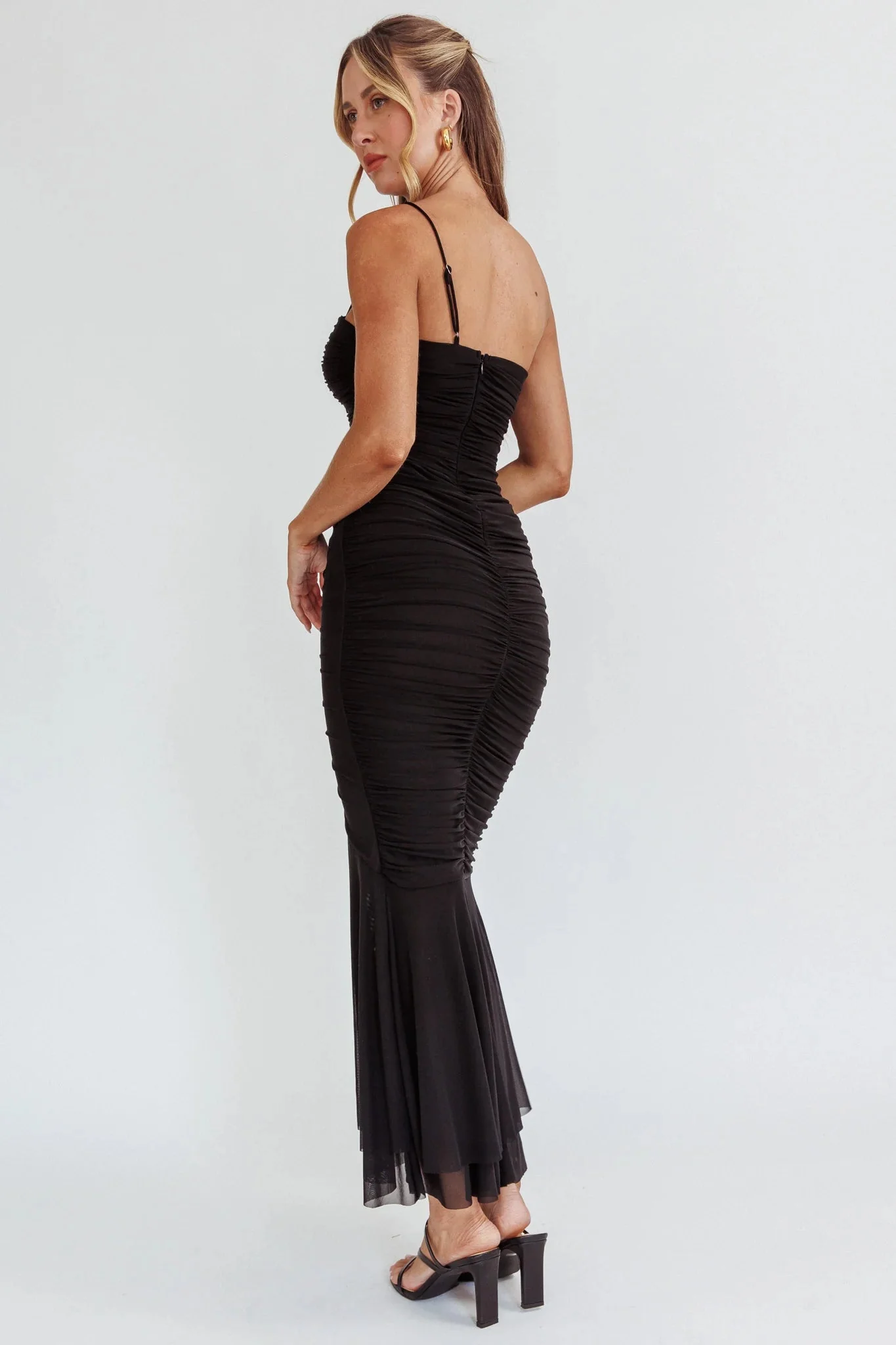 By Chance One Strap Ruched Maxi Dress Black