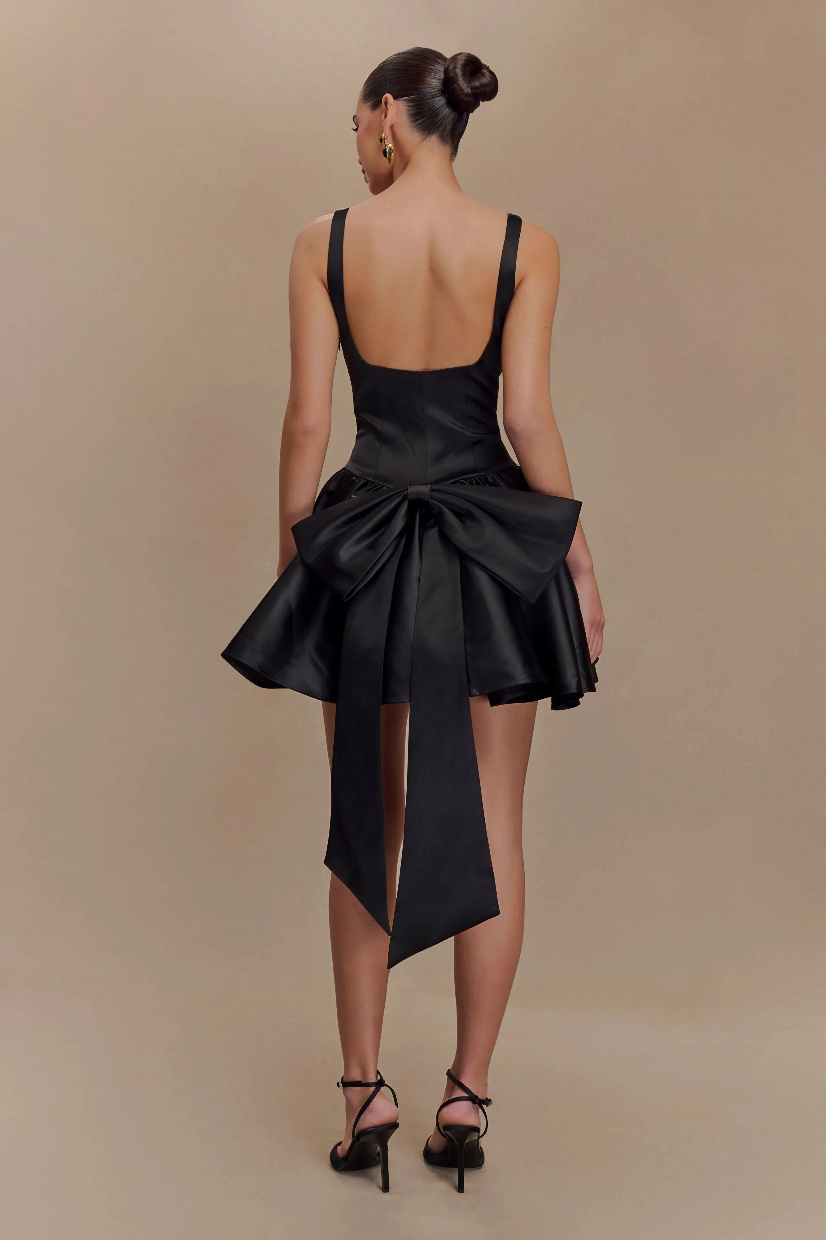Felicia Satin Mini Dress With Bow - Black