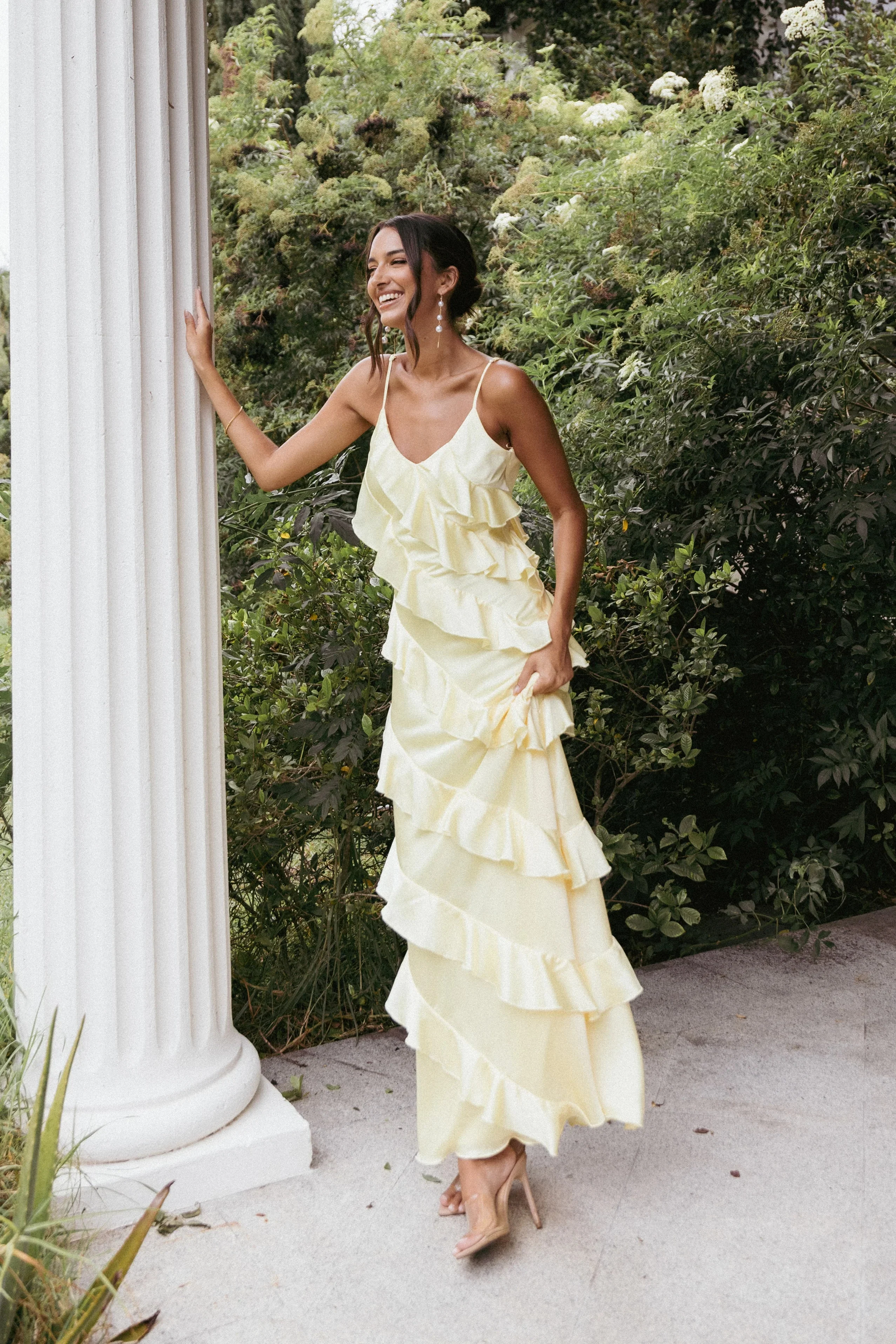 Ciao Ruffles Maxi Satin Dress - Pale Yellow