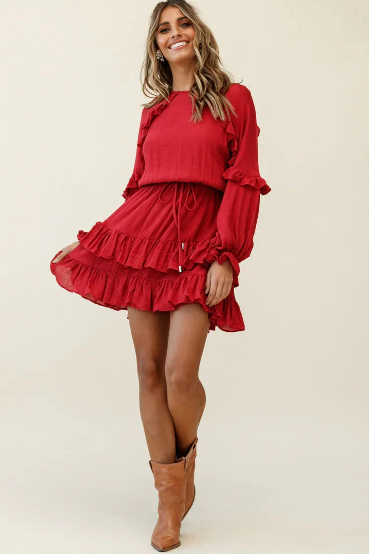 Best Wishes Long Sleeve Frill Detail Dress Wine