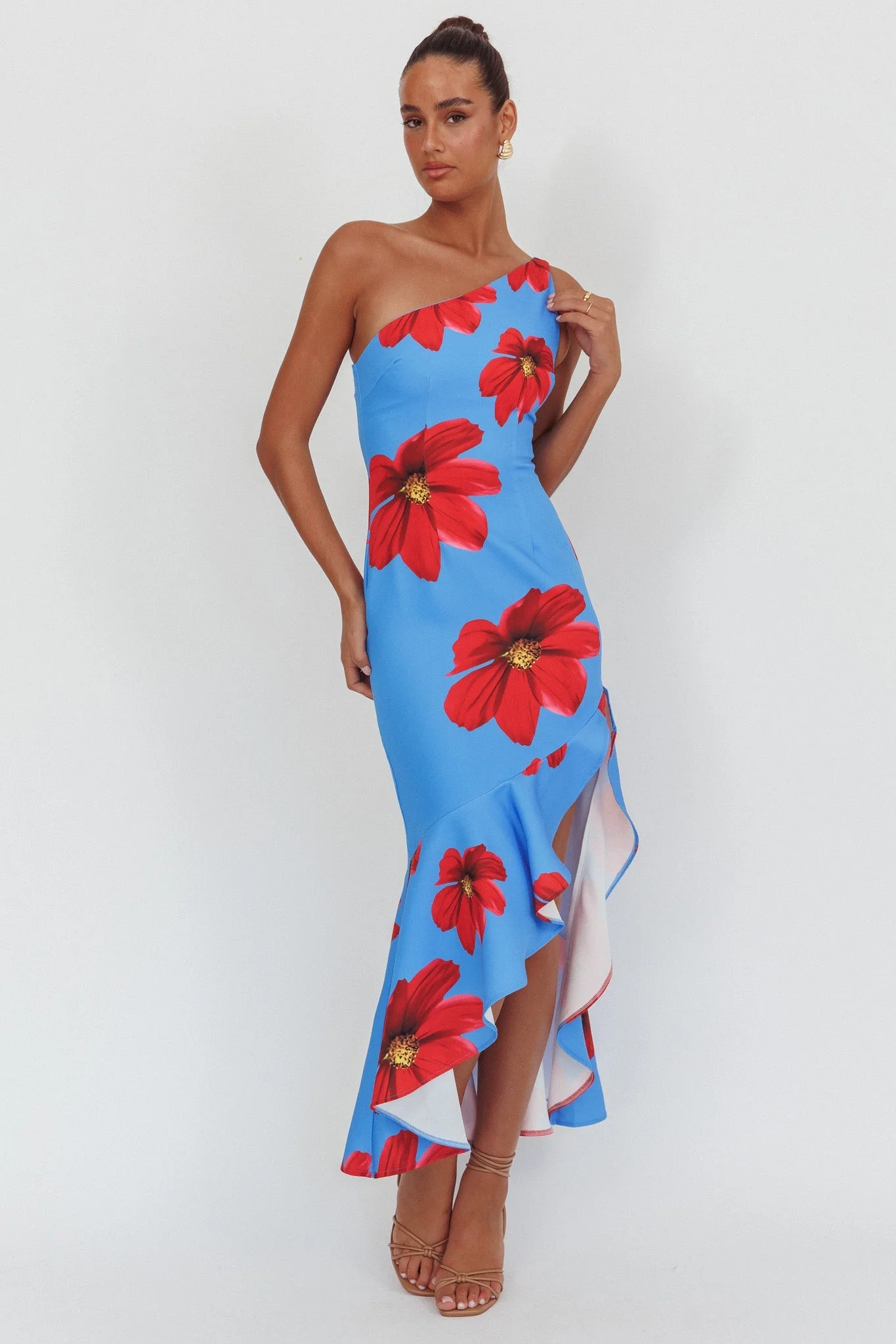Lights On One-Shoulder Ruffle Hem Maxi Dress Floral Blue