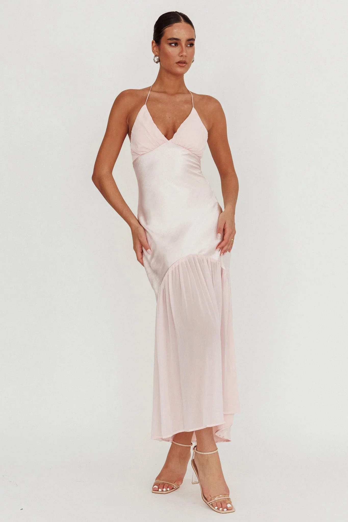 Aysah Chiffon Hem Halter Maxi Dress Pink