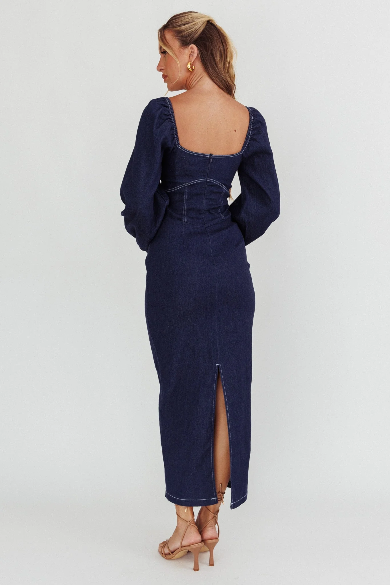 Bay Side Long Sleeve Denim Midi Dress Indigo