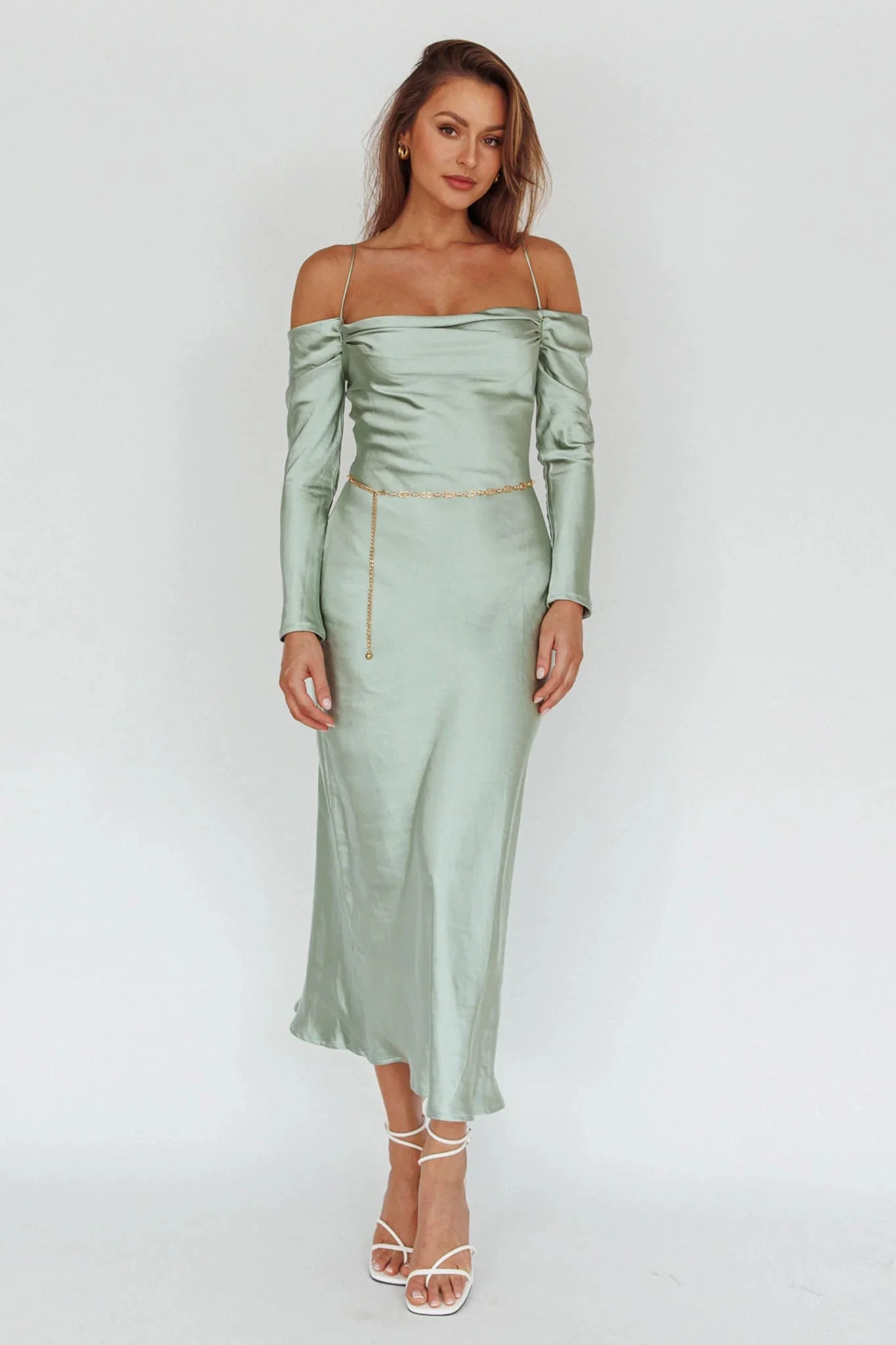 Ellory Long Sleeve Off-Shoulder Dress Sage