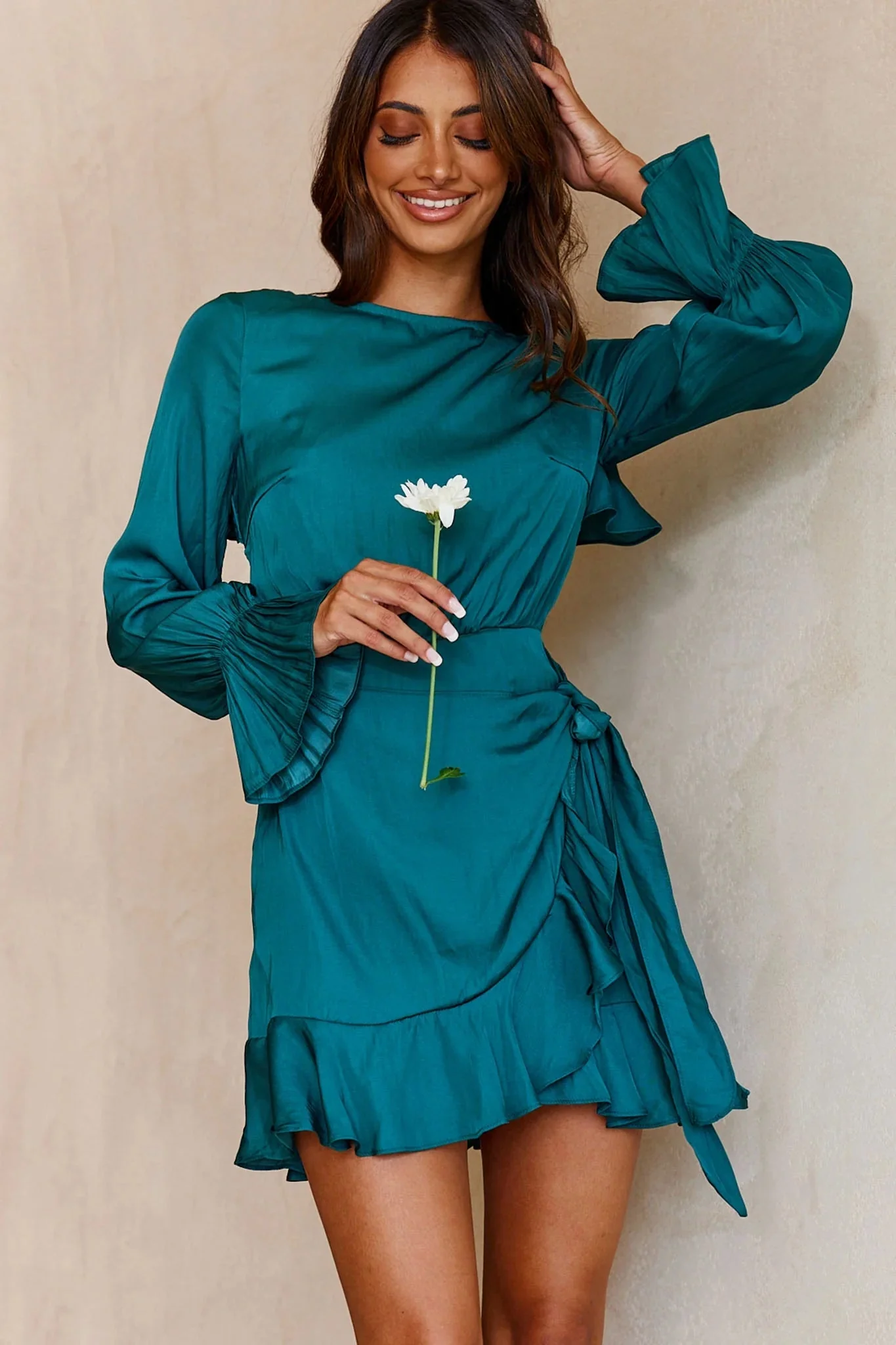 Darla Long Sleeve Satin Dress Forest Green