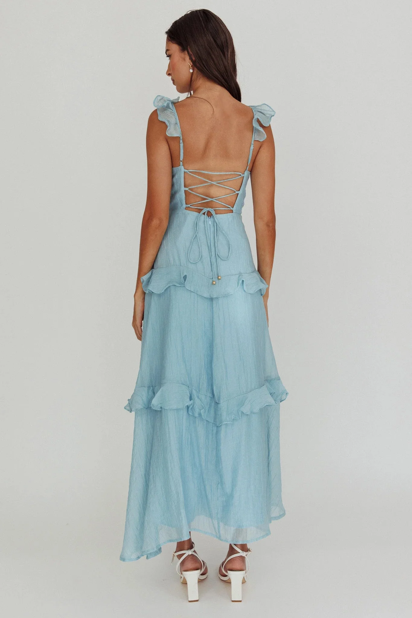 Moonlit Moment Ruffle Trim Lace-Up Back Maxi Dress Blue