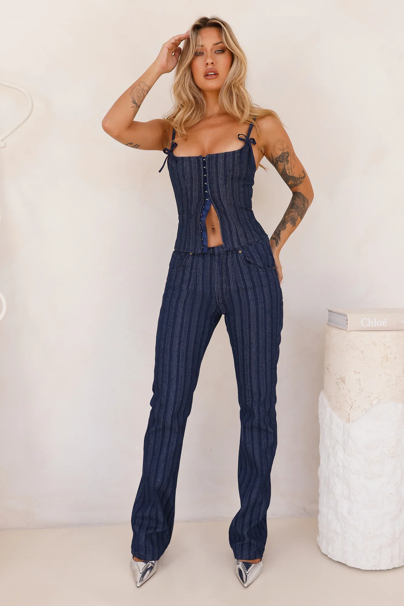 LIONESS Charismatic Denim Corset Dark Pinstripe