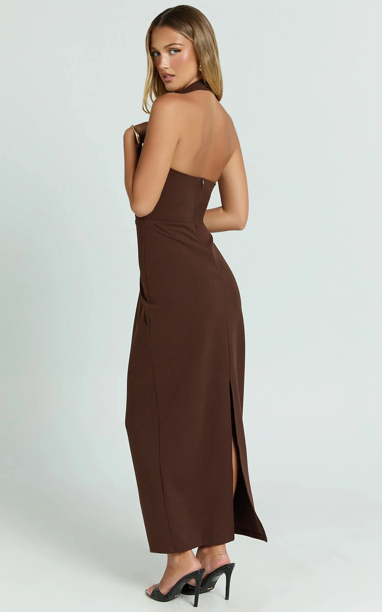 Salome Midi Dress Halter Neck Column Dress in Chocolate