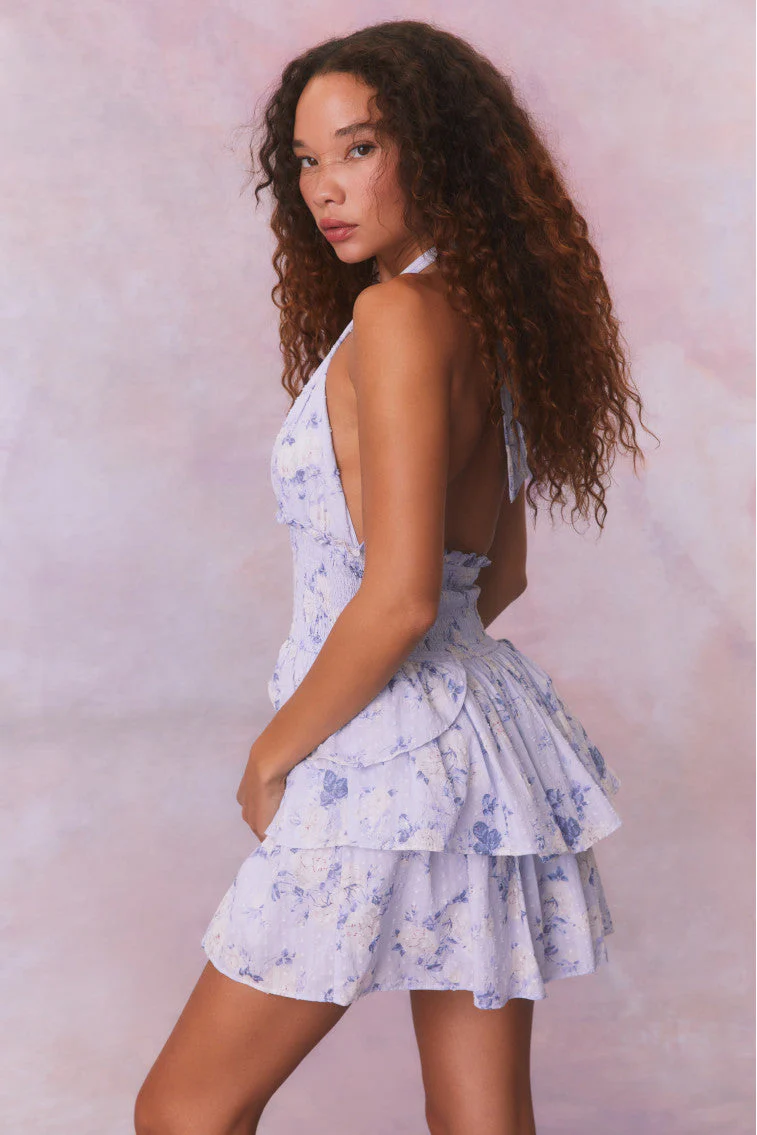 Deanna Fragrance Print Halter Mini Dress-WHISPER BLUE