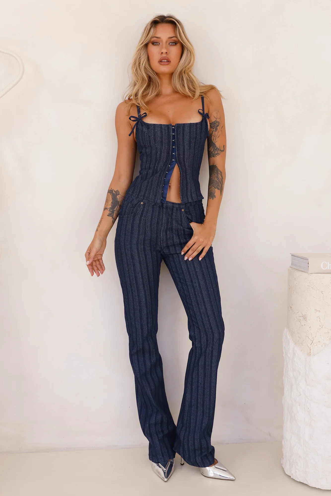 LIONESS Charismatic Denim Corset Dark Pinstripe