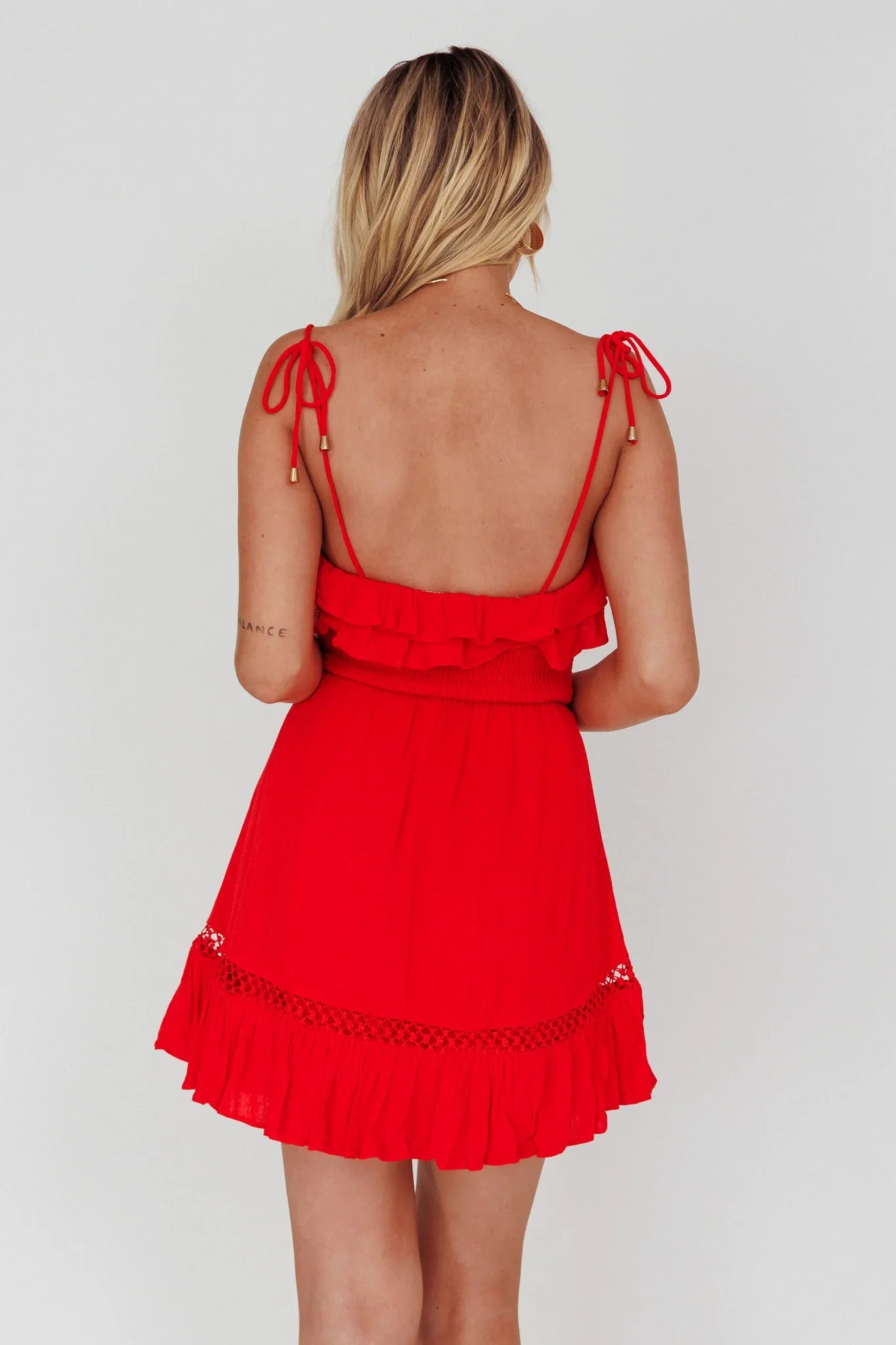 Daydream Shirred Bust Frill Trim Mini Dress Red