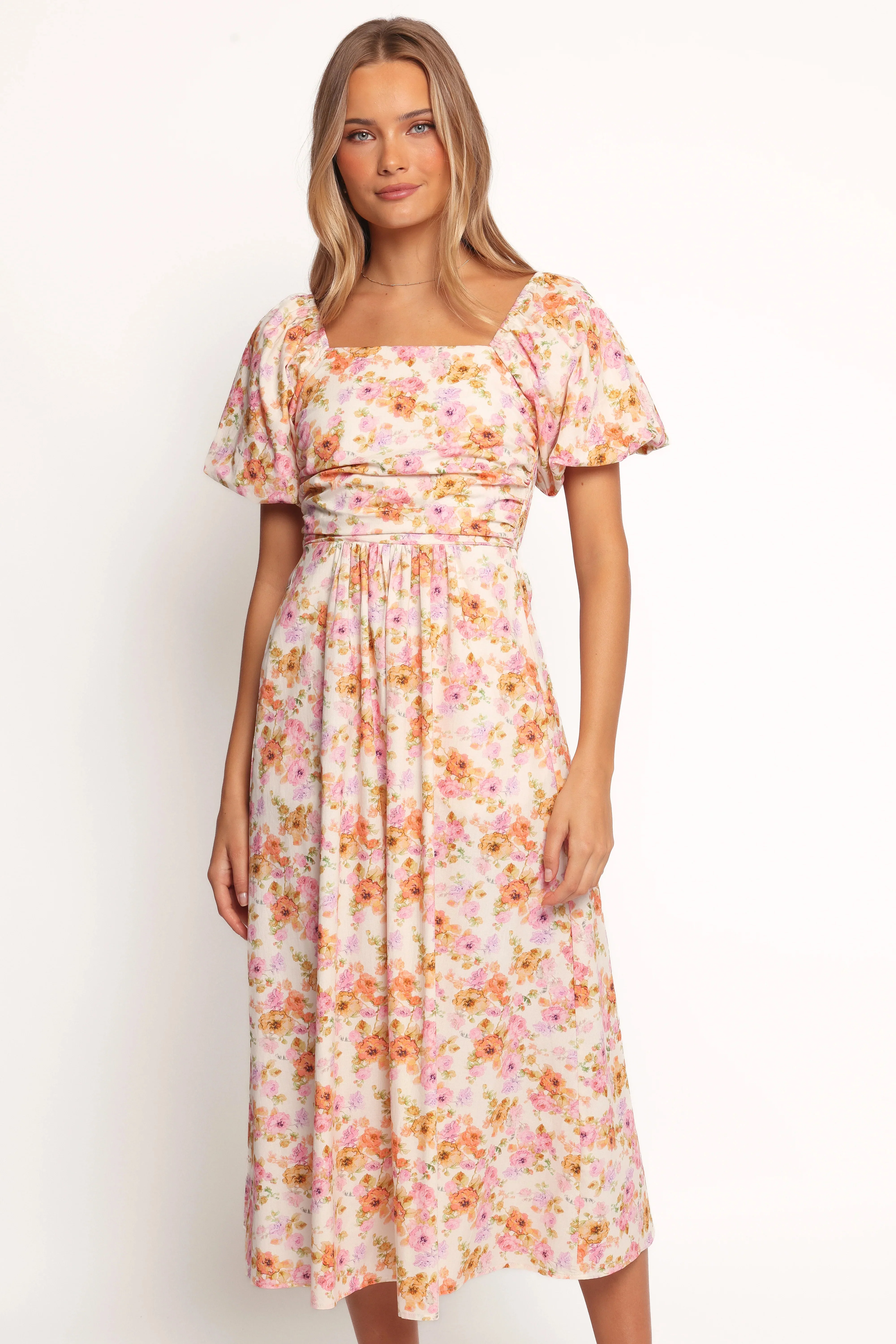 Clo Puff Sleeve Midi Dress - Peach Floral