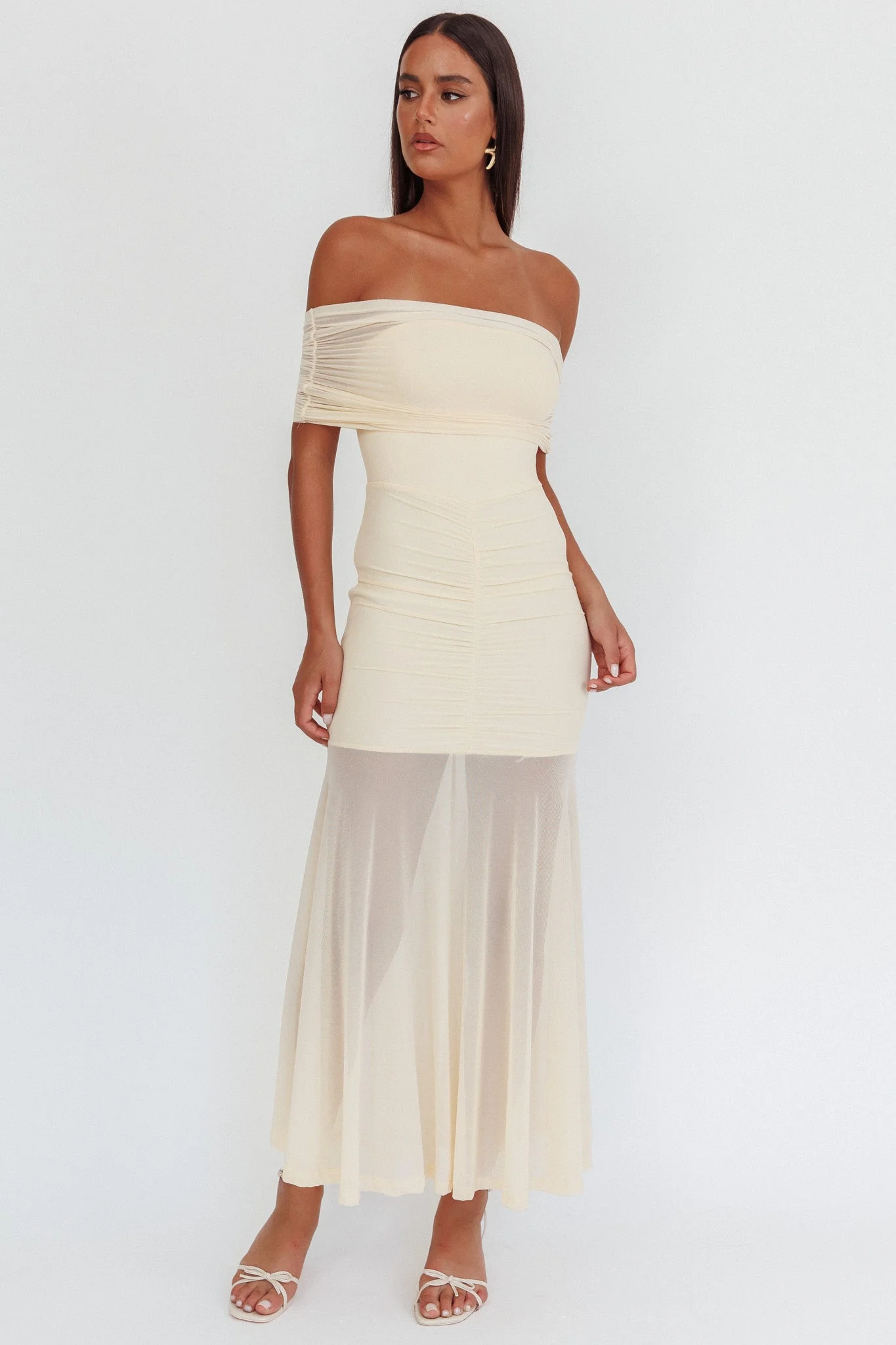 Clarita Sheer Ruched Maxi Dress Cream