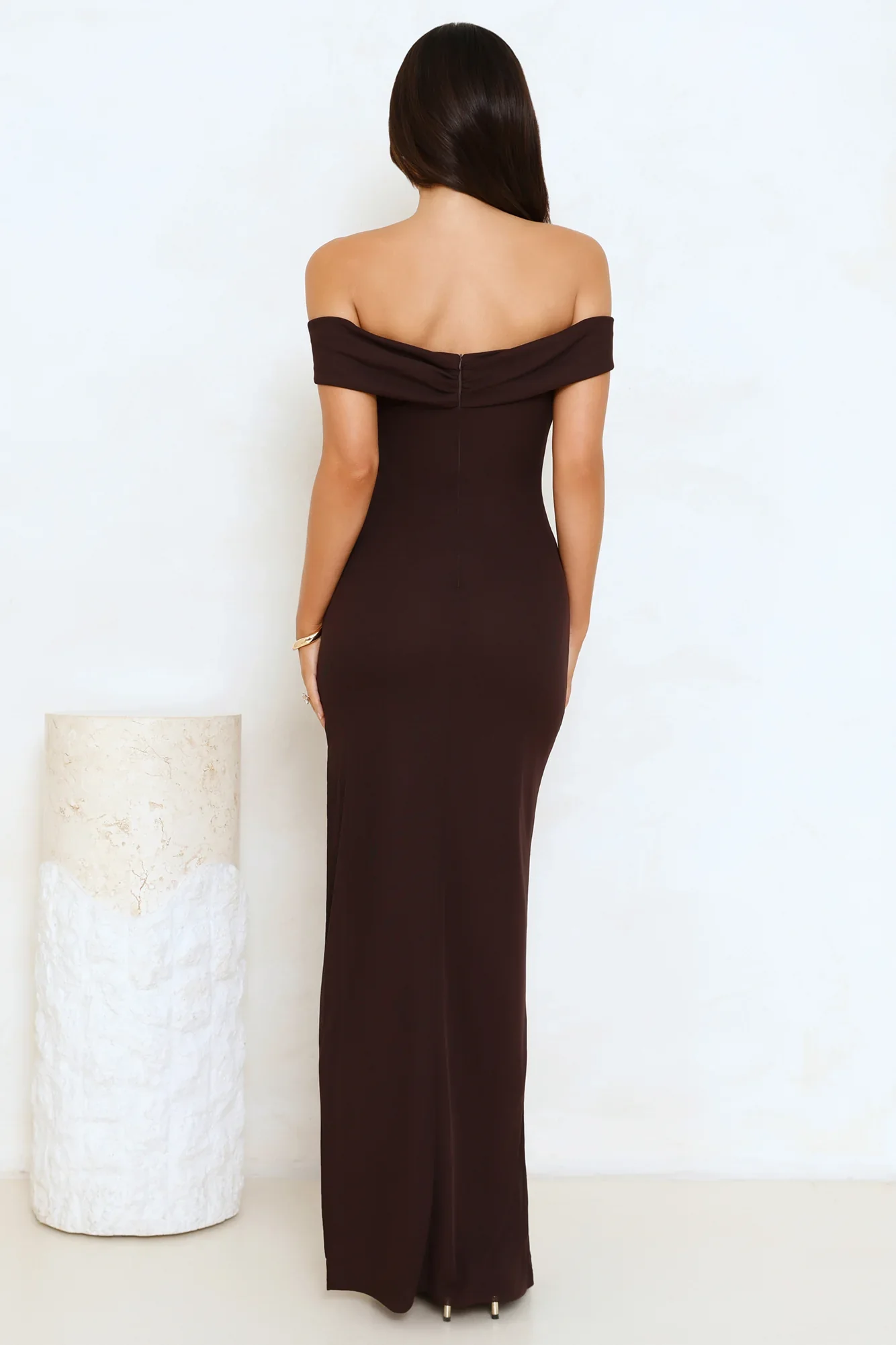 High End Highlights Off Shoulder Maxi Dress Brown
