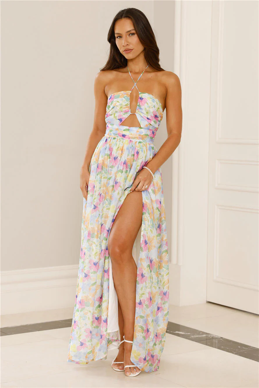 Hibiscus Hues Halter Maxi Dress Print