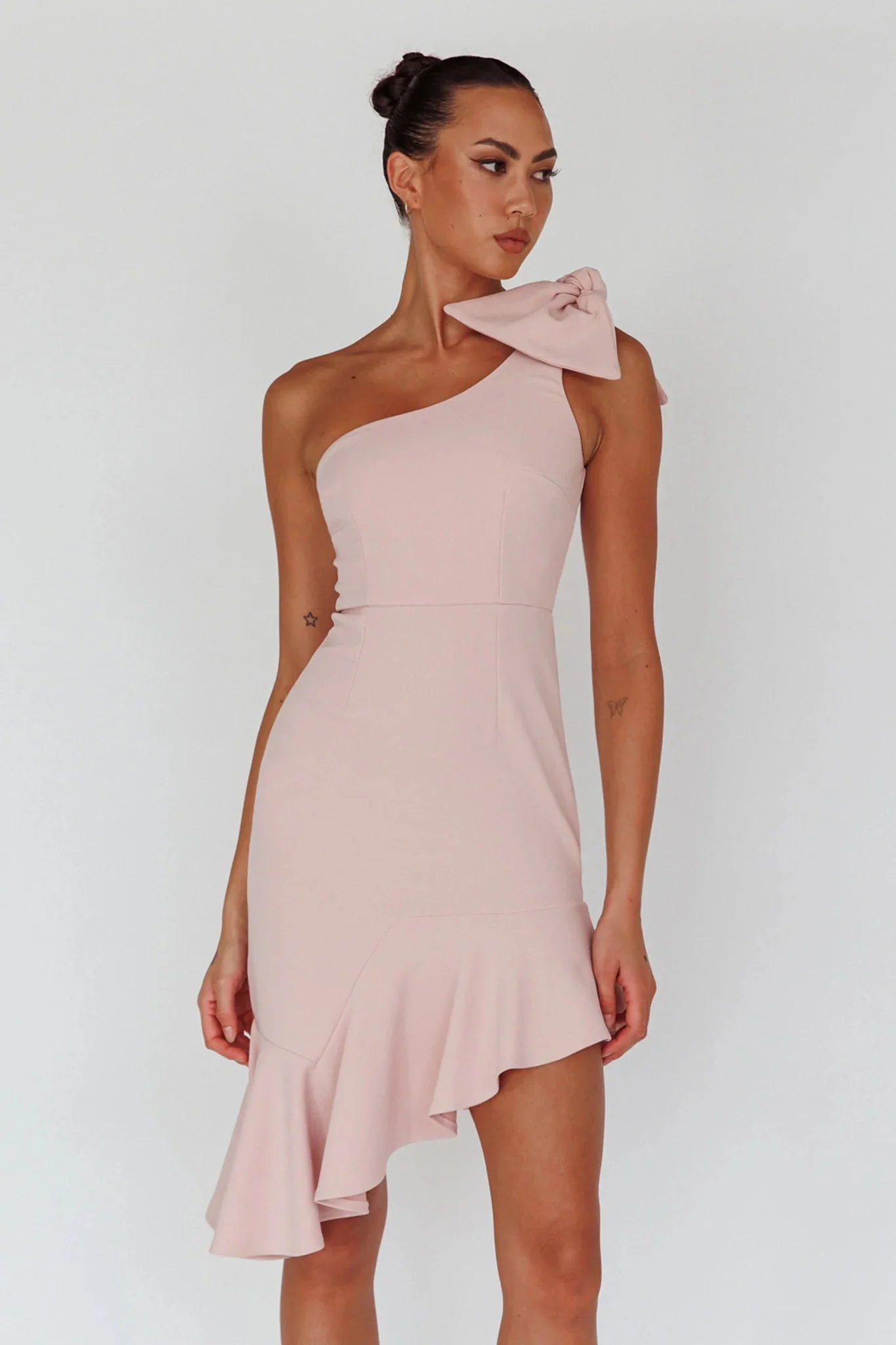 Tiffany One-Shoulder Bow Dress Blush