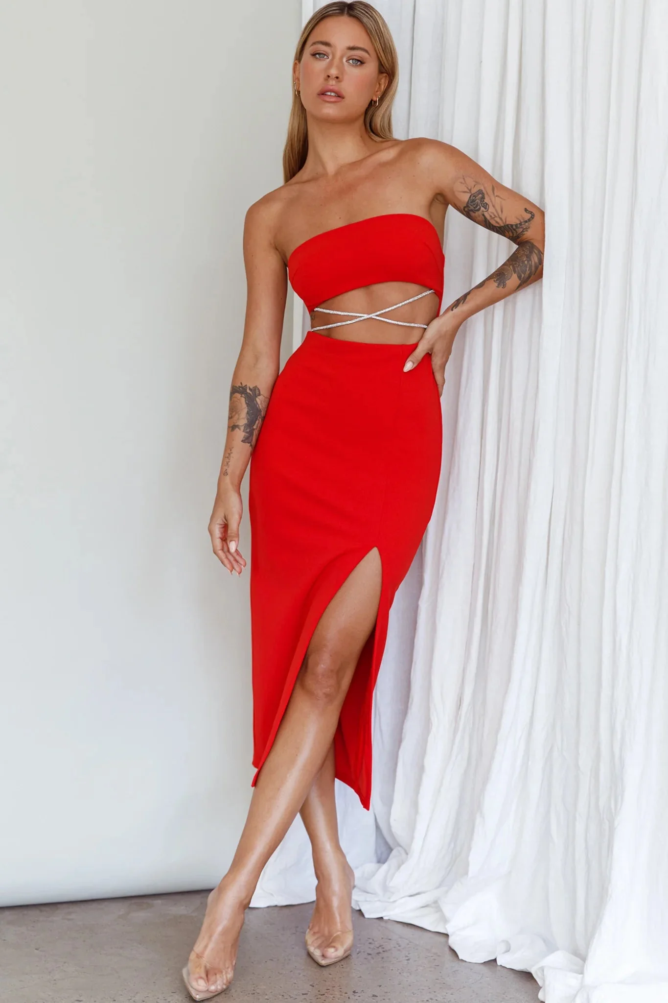 Nohemi Strapless Diamante Midi Dress Red