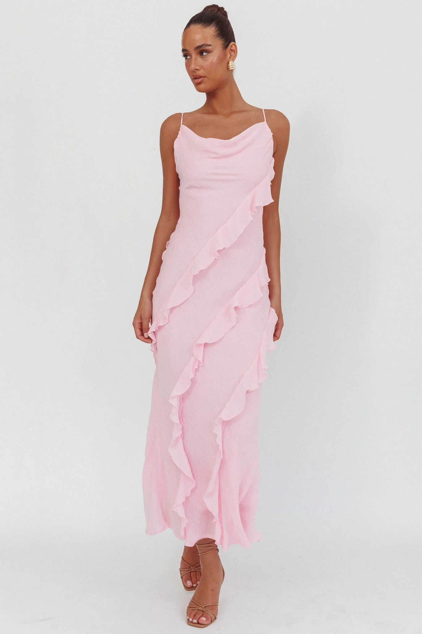 Panama Bay Ruffle Trim Cowl Neck Maxi Dress Pink