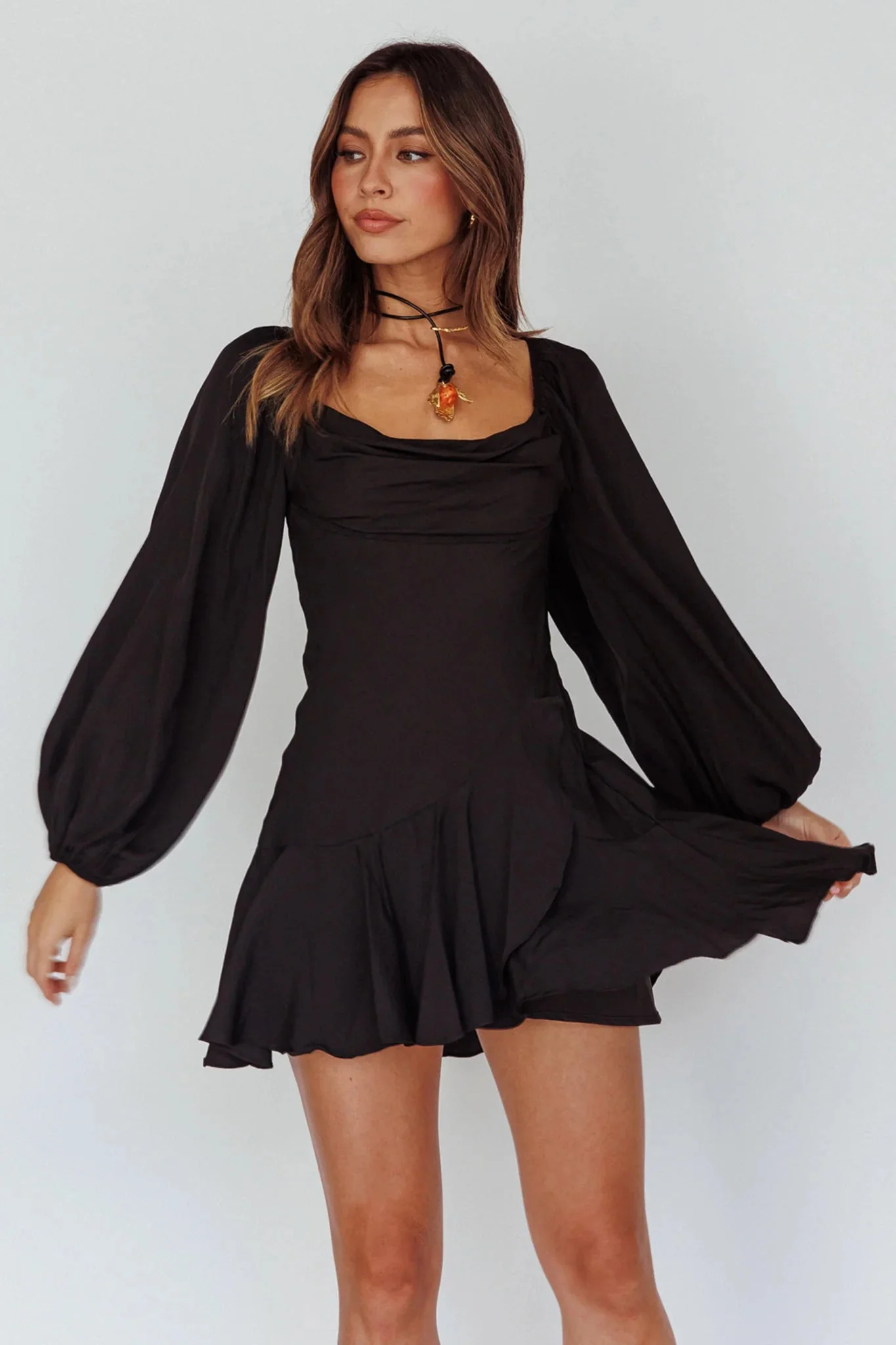 Beaujolais Long Sleeve Cowl Neckline Ruffle Satin Mini Dress Black