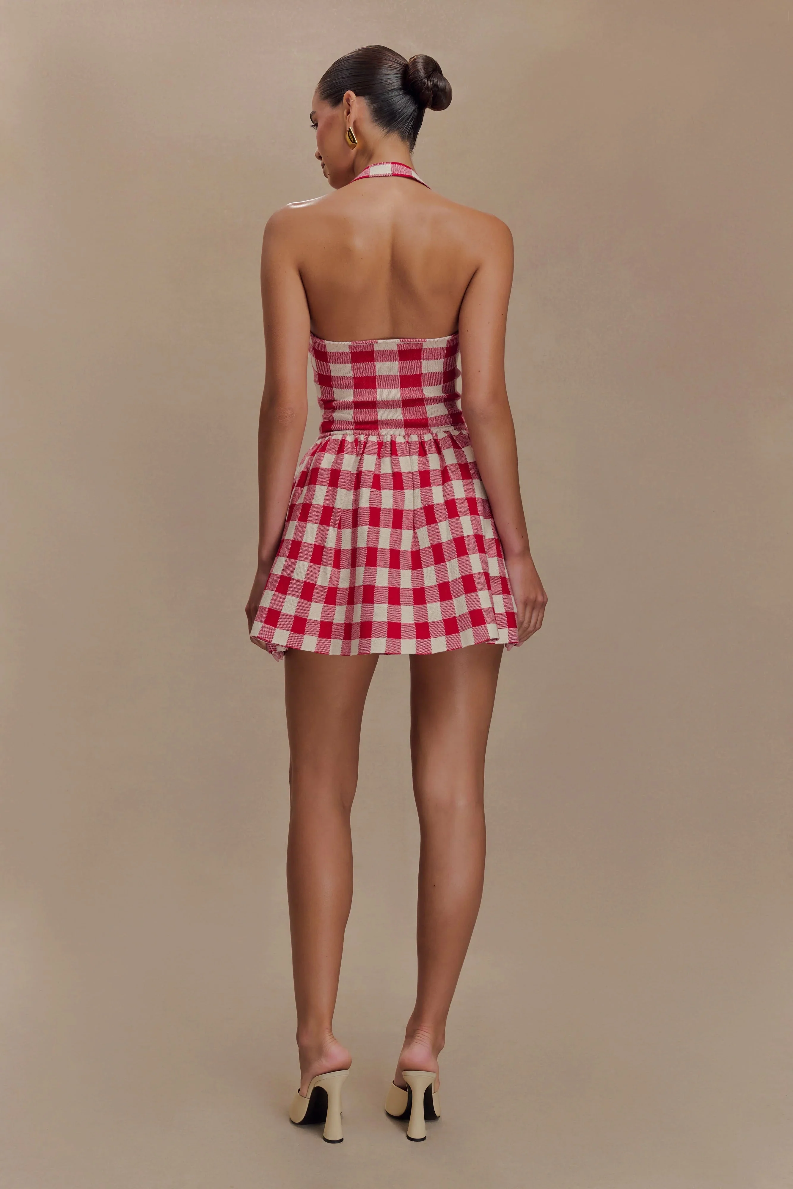 Lindsay Halter Knit Mini Dress - Red Gingham